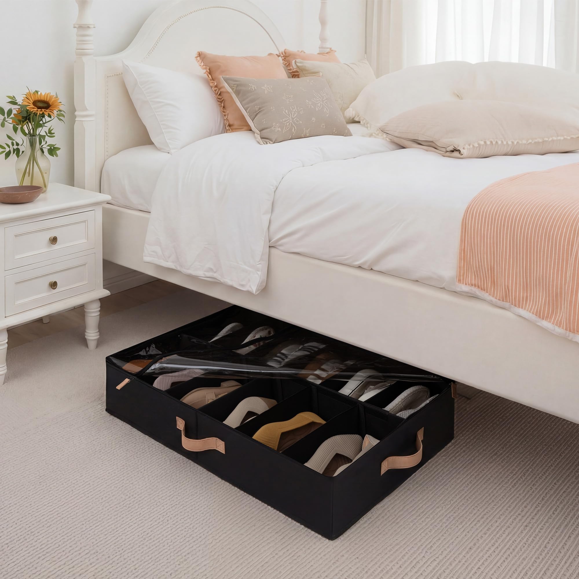 StorageWorks Unterbett Schuhaufbewahrungsbox, große Bettkasten Aufbewahrung mit Deckel, für bis zu 24 Paar, faltbare Schuhbox für unter Bett, Stoff Unterbettbox für Kleidung, schwarz, 2 Stück