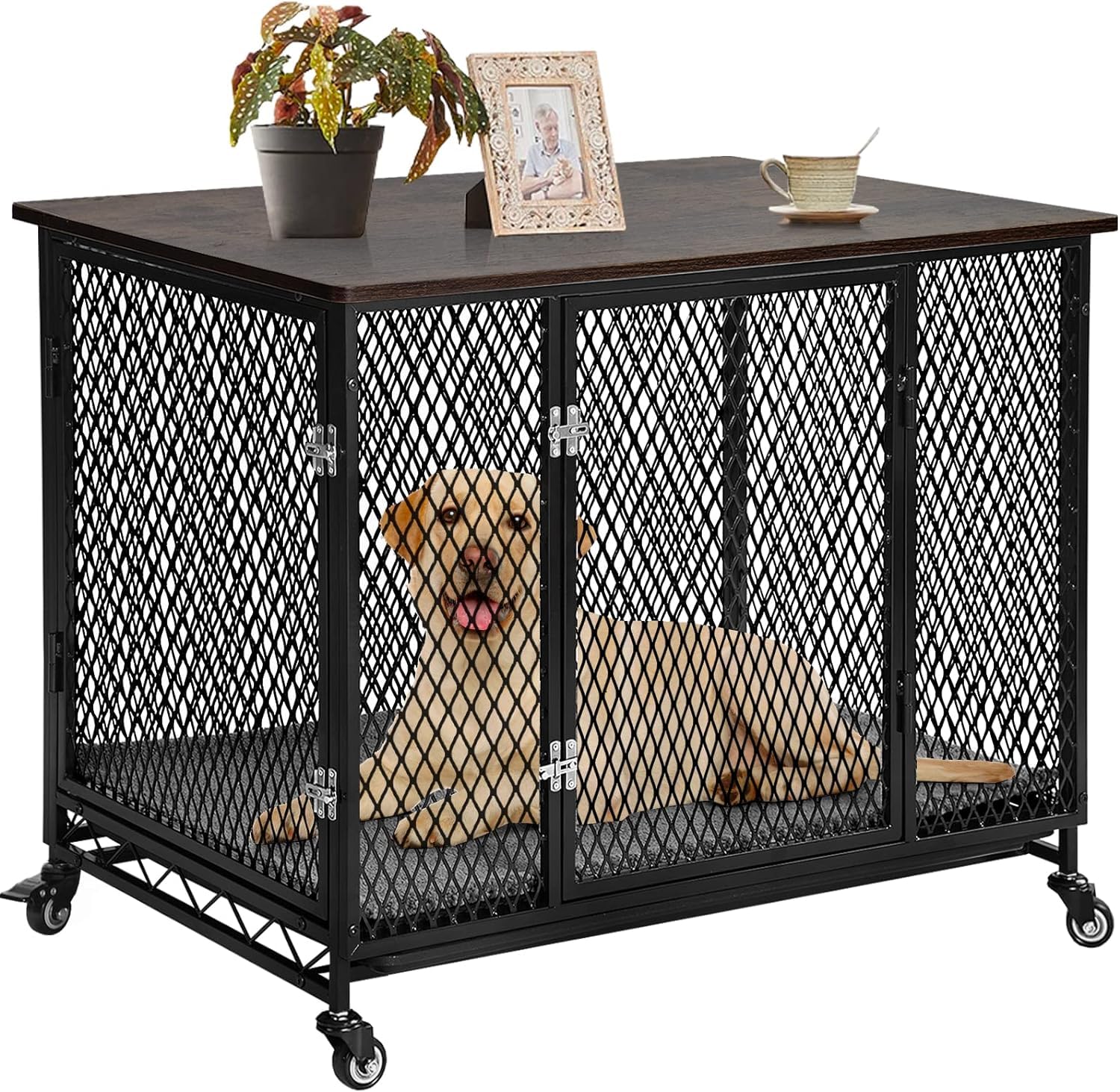Aivituvin Hundekäfig Möbel, große Bewegliche hundebox für zuhause, Indoor Hundekennel für kleine, mittlere und große Hunde, Holzhundehaus mit Kissen, Ablagetrog und Drahtboden (schwarz, XL)