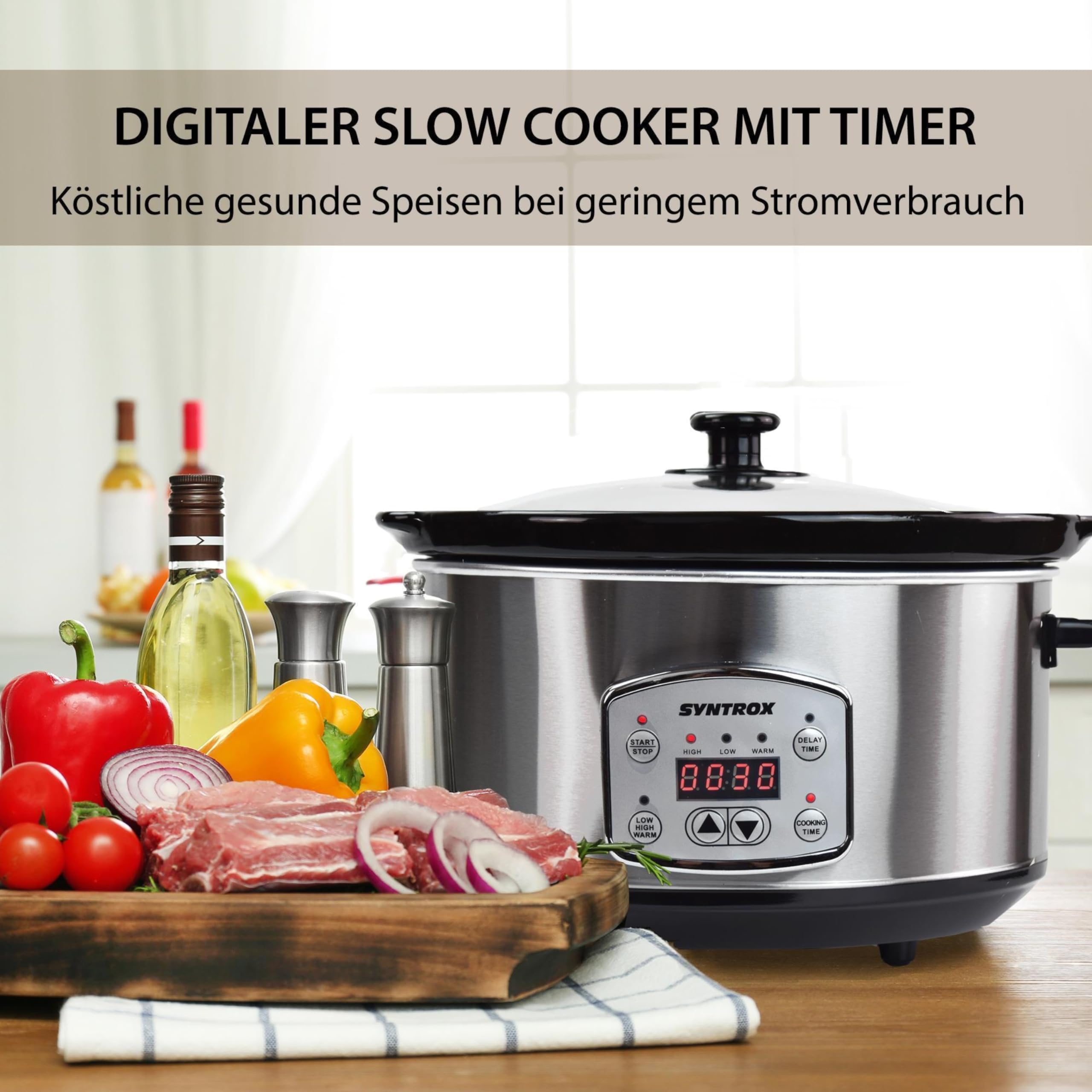 Syntrox Germany 4,5 l Slow Cooker | Schmortopf | Schongarer | Multikocher Annot, digitale Küchenuhr, Schonendes Langsamgaren, Edelstahl, Mikrowellengeeignet, Eintopfgerät