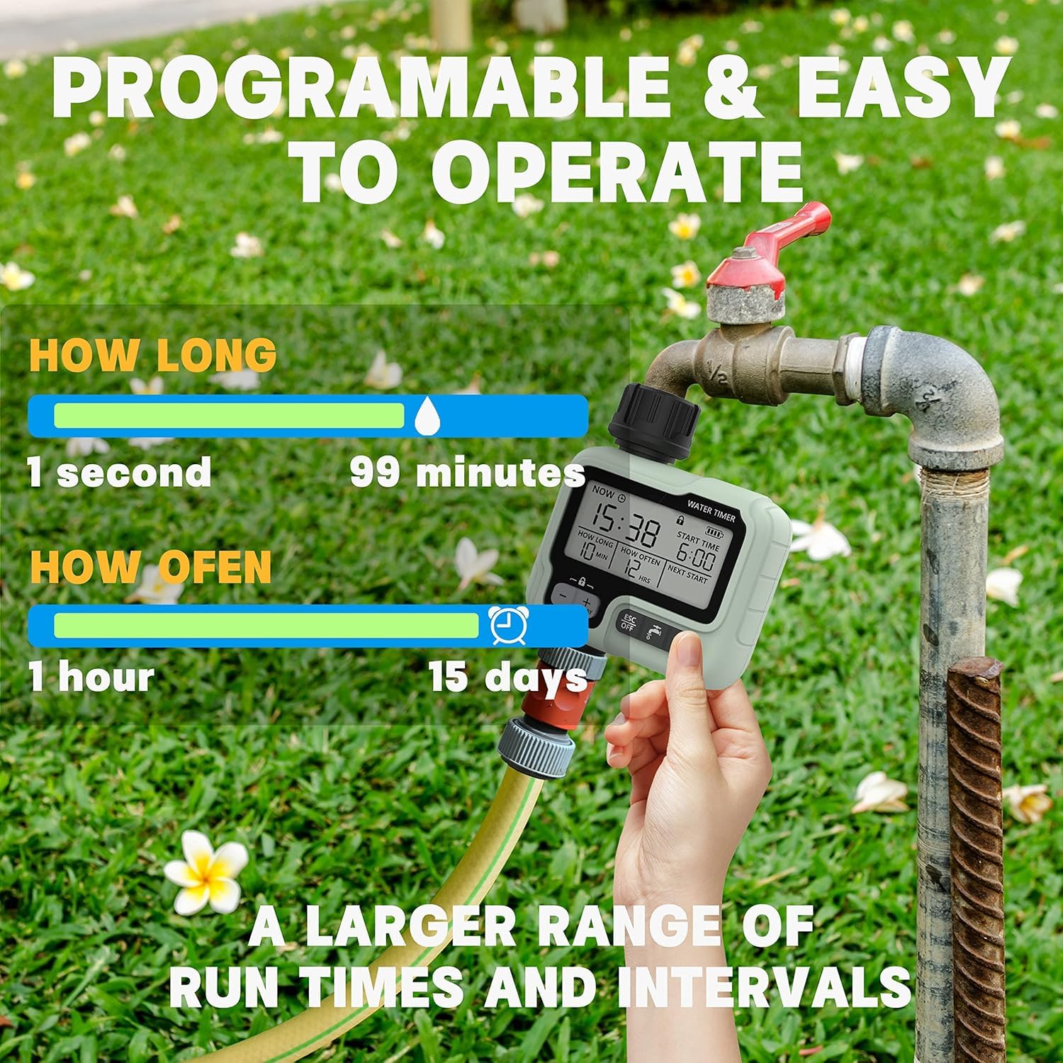 Kazeila Water Timer Programador Riego WiFi,Temporizador Riego Automatico con App, Retraso por Lluvia, WLAN 2.4GHz, Control de Voz Alexa para Jardín Rociadores