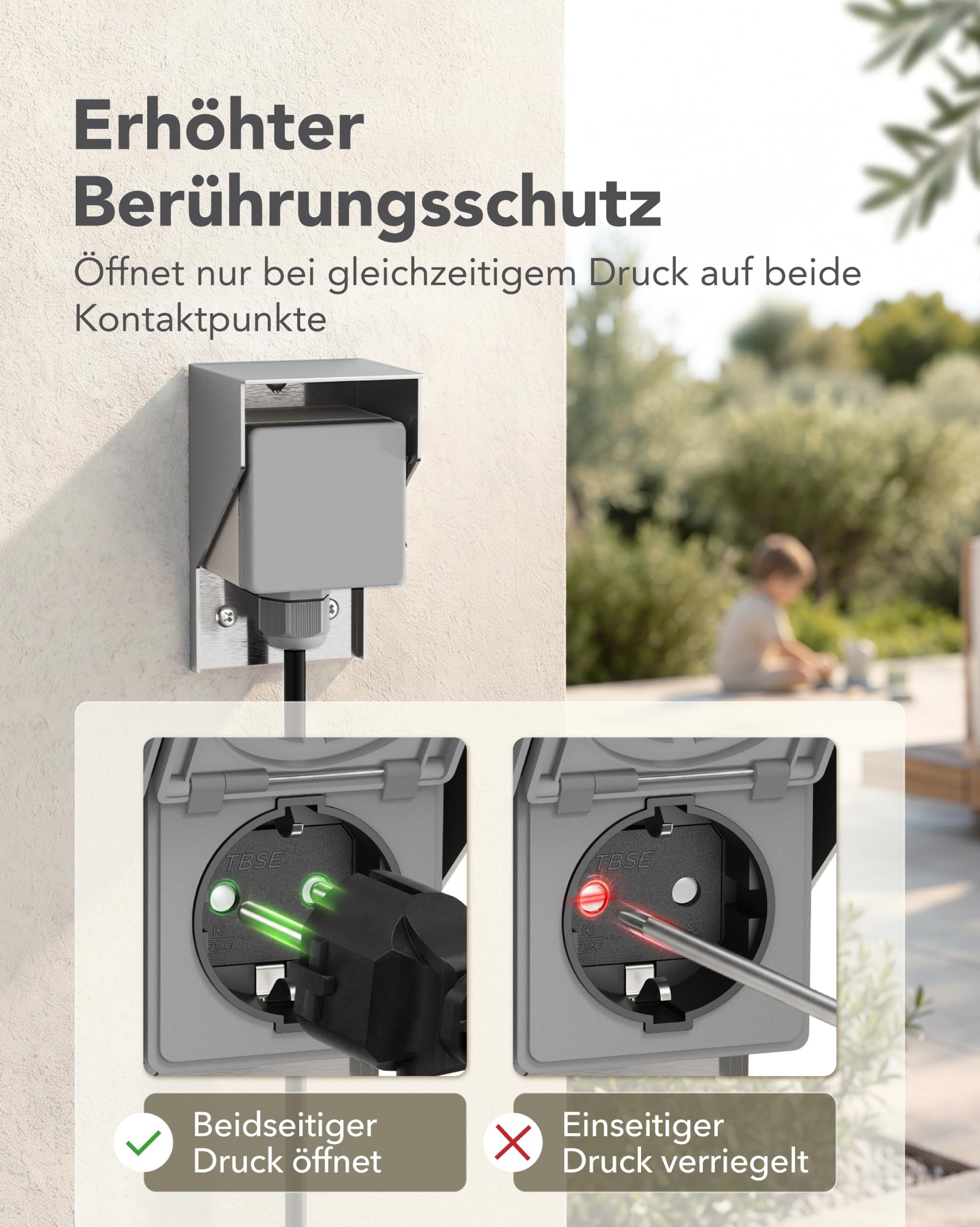 ledscom.de 2x Aufputz Steckdose PIWI für außen und 2m Kabel, IP44, 1-fach, edelstahl
