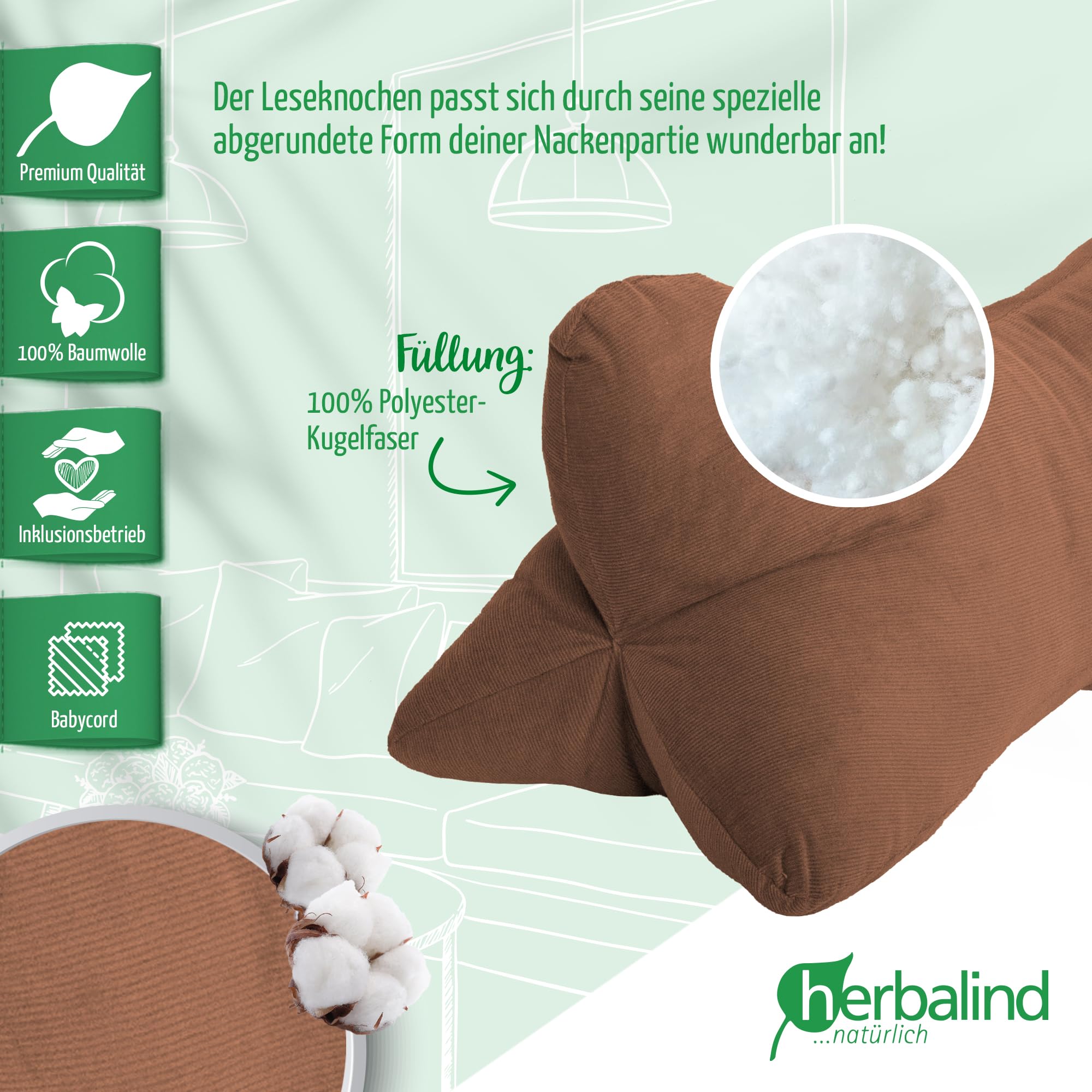 Herbalind Leseknochen Feiner Cord WOHLFÜHLZEIT - 100% Baumwolle Babycord robust und waschbar - Nackenkissen in Trendfarben, vielseitig einsetzbar - 40x18 cm, braun