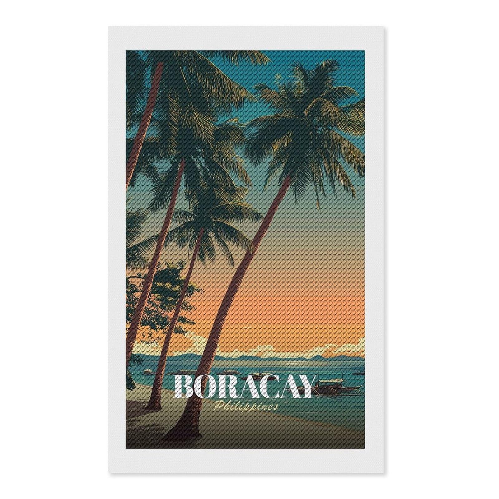 Junmoney Boracay Philippines Travel Round Drill Diamond Painting 12"x20", Satisfying Creative Project, Complete Accessories, Printed Canvas