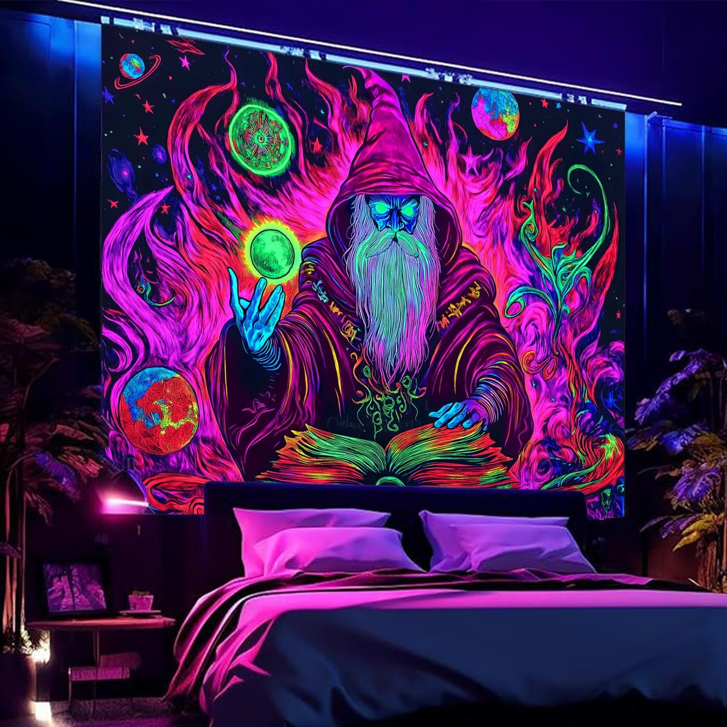 BSFHH Black Light Tapestry – UV Reactive Glow in the Dark Wall Hanging, Spooky Night Scene with Ghosts & Pumpkins, Haunting Home Decor for Parties, Bedroom, or Dorm (Warlock, 90L x 70W, Unframed)
