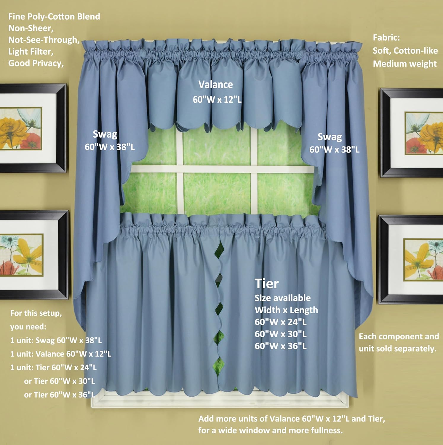 Today's Curtain, Orleans Scallop Curtain, Blue 38" Swag Pair, 60" W x 38" L, Blue