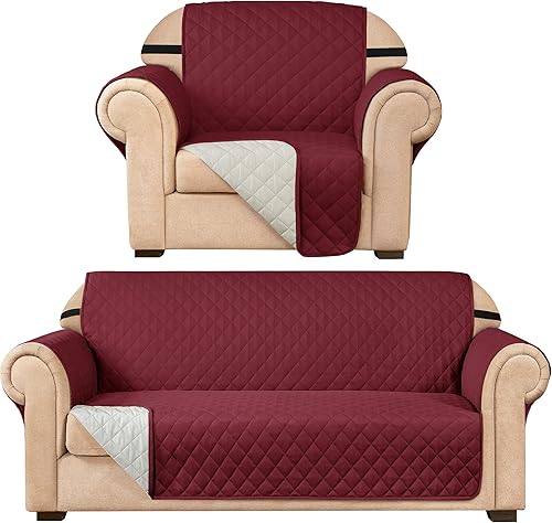 Miniatura 50 de SUBRTEX Juego de funda de sofá incluye fundas de sofá biplaza y silla, protector reversible de muebles de primera calidad con correas elásticas para