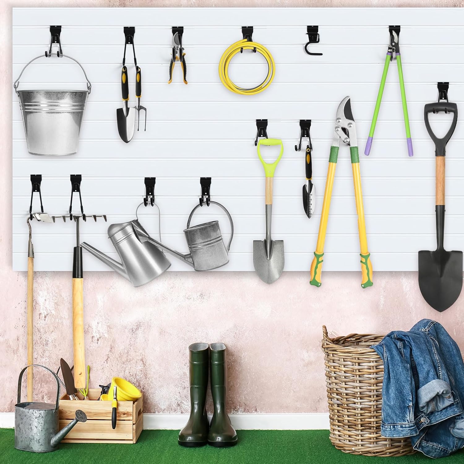 Duraaamo 24 Pack Slatwall Hooks Set, Metal Multi Sizes Heavy Duty Single and Double Slatwall Panel Hanging Hooks and Hangers Accessories for Storage Garage Garden Home, Black