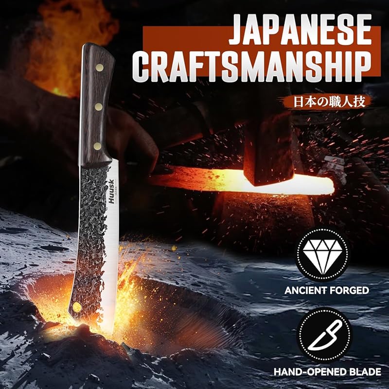 Huusk Butcher Knife 8 Inch, Hand Forged Meat Knife with Wood Full Tang Handle, Japanese Chef Knives with Box, Ideal Gift for Man and Women 7.68 inches