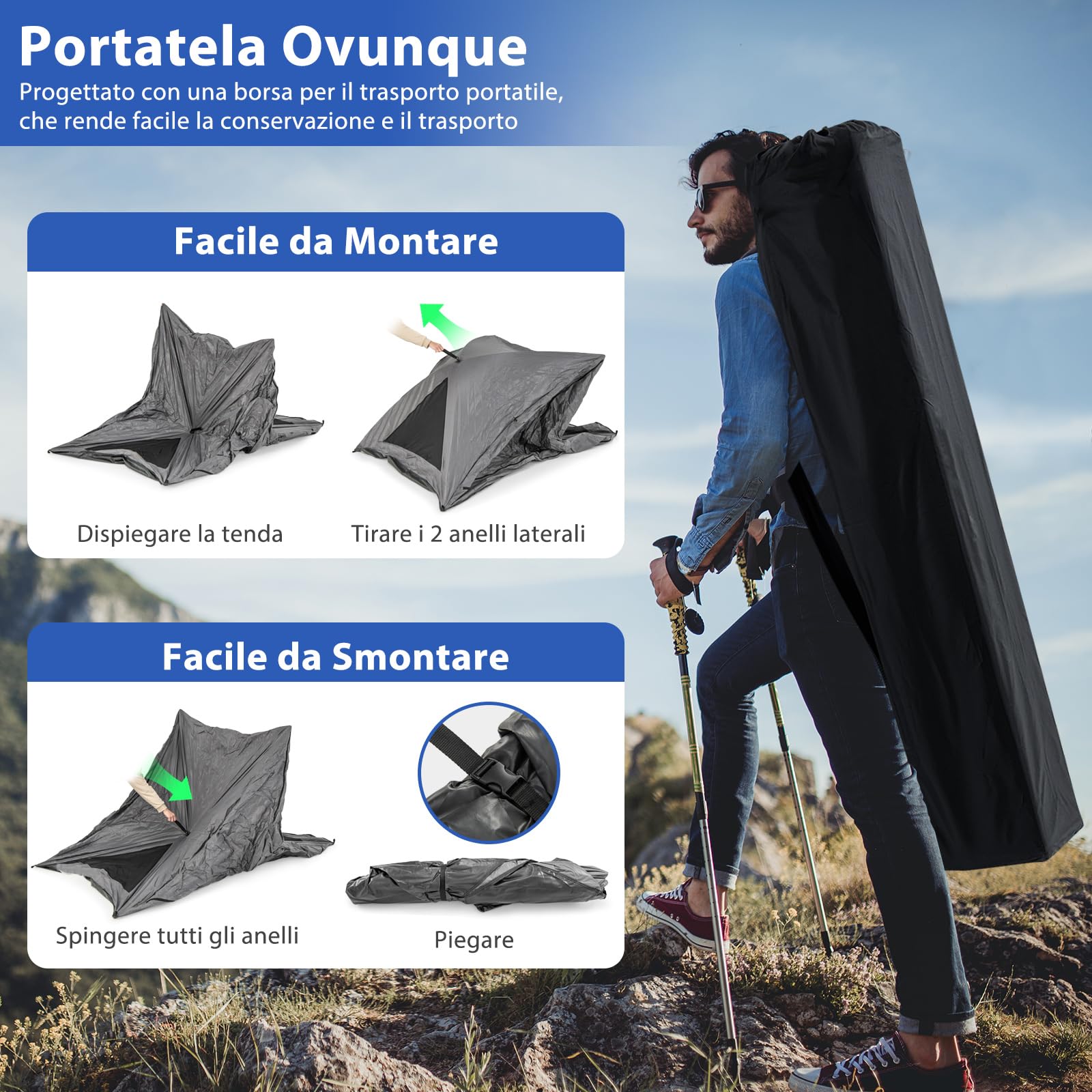COSTWAY Tenda da Campeggio Zaino in Spalla 2-3 posti, Tenda Ultraleggera Impermeabile, Baldacchino a Igloo e Anti UV 3 Stagioni o Facile da Installare e imballare, 225 x 145 x 161 cm, grigio