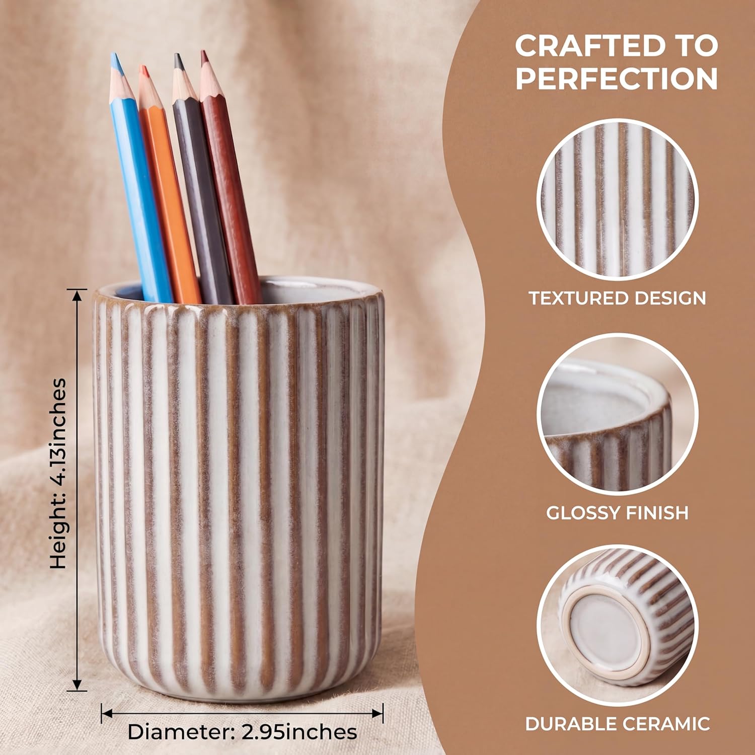 Ceramic Pen Holder with Vertical Groove Design, Desk Pen Pencil Cup for Office, Multipurpose Ceramic Cup for Pens, Pencils, Makeup Brushes, Small Ceramic Vase, Brown Fluted Surface image 2