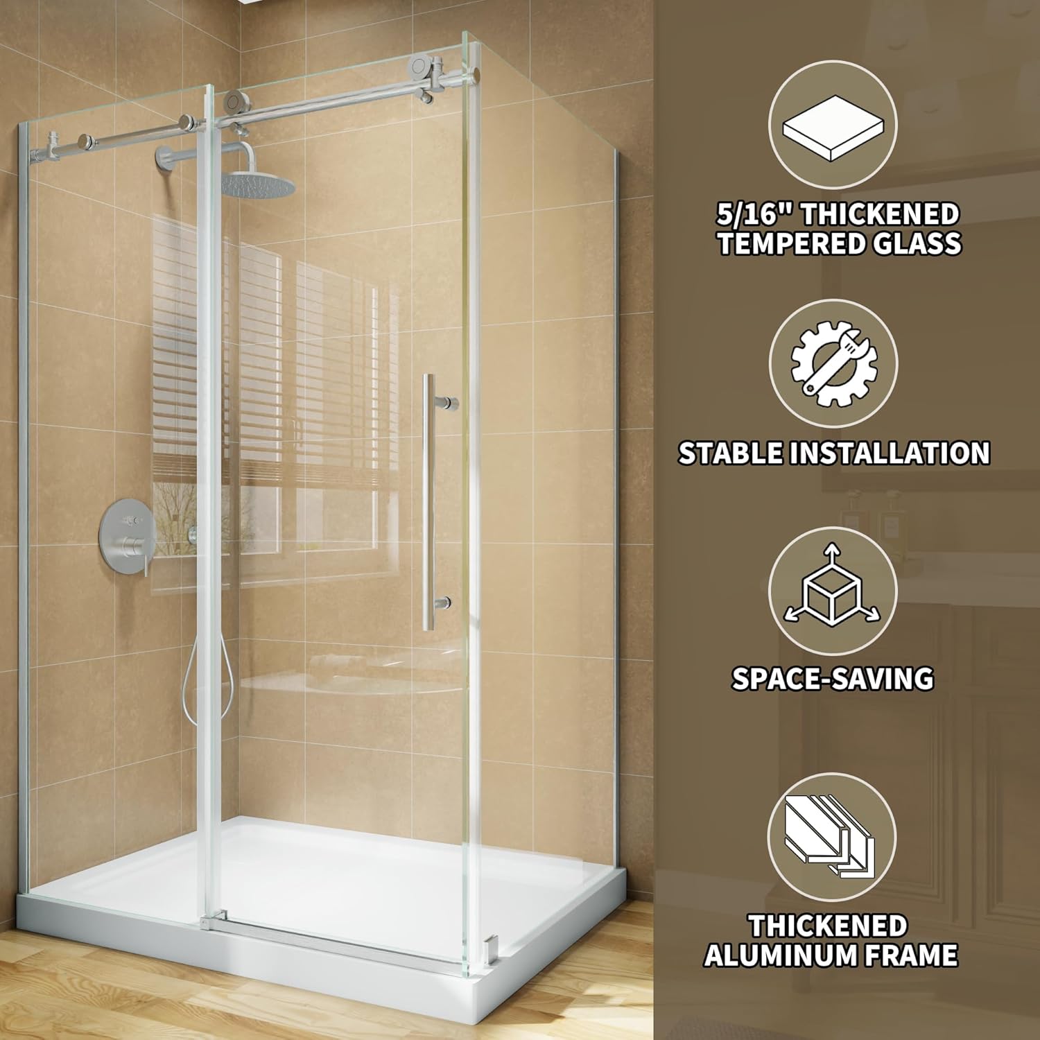 56-60”W x 35 5/8" D x 72" H Frameless Shower Enclosure, Sliding Corner Shower Door, SGCC 8mm (5/16") Tempered Glass, Buffer System, Stainless Handle, Leak-Proof, Easy Installation, Brushed Nickel