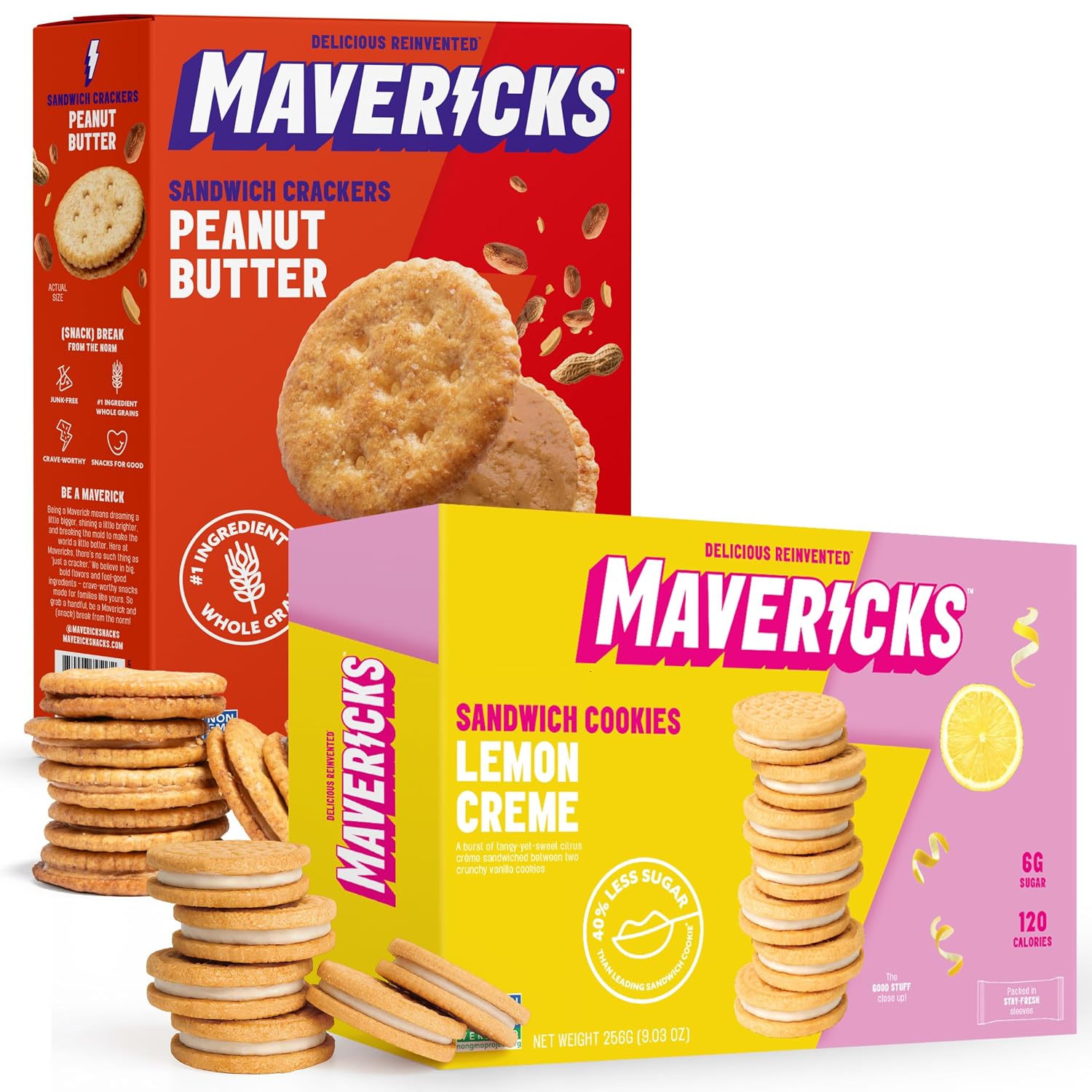 Mavericks Peanut Butter Sandwich Crackers & Lemon Creme Sandwich Cookies Variety Pack - Non-GMO Snacks, Whole Grain Crackers, Plant-Based, Back-to-School Snack Bundle (2 Pack)