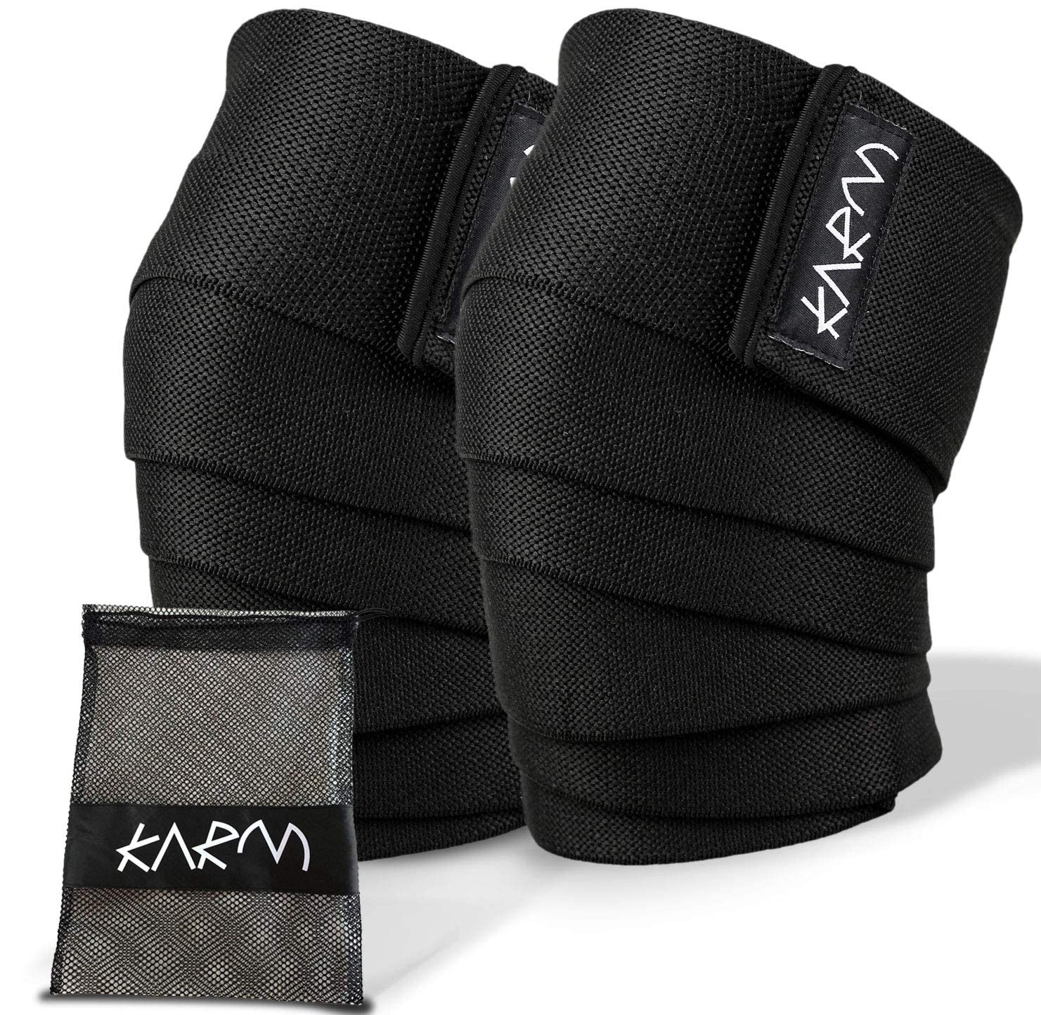 KARM Knee Wraps for Weightlifting (Pair) with Bag - Knee Wraps for Squatting – Knee Strap Bands for Crossfit, Gym, WOD, Cross Training, Pain. Powerlifting Knee Support for Women, Men (78 inches)