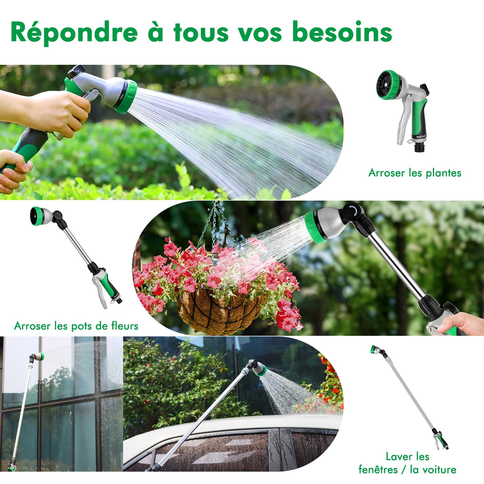 RESTMO Canne d'Arrosage Télescopique 92-152 cm, Longe Pomme Métallique avec Tête Pivotante 180°, 7 Motifs de Pulvérisation, Baguette Magique pour Jardinières Suspendues et Arbustes, Vert