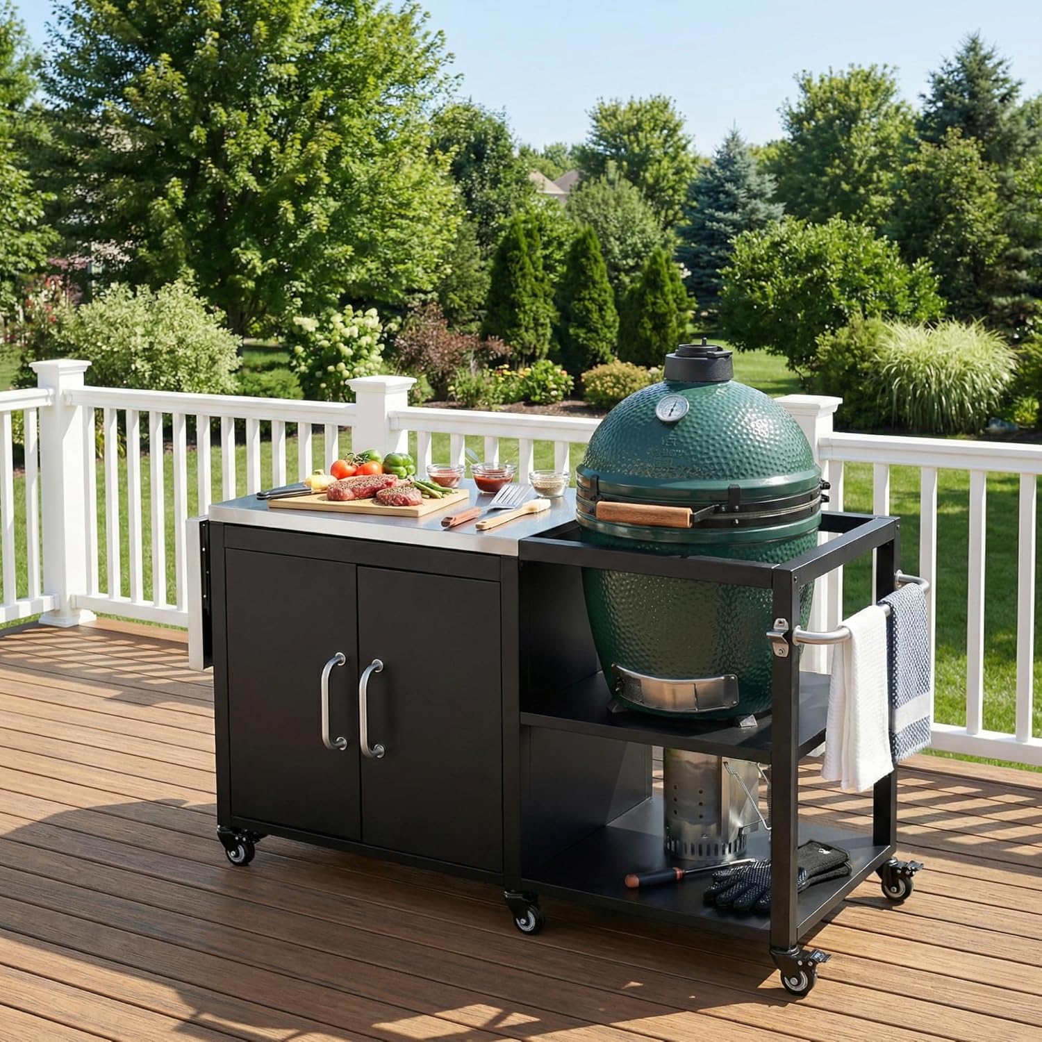 Merax 76.6" Outdoor Large Grill Cart with Storage Cabinet, Outdoor Kitchen Island with Steel Drop Leaf for Large Big Green Egg, Grill Table with Adjustable Shelf & Hooks & Bottle Opener for BBQ
