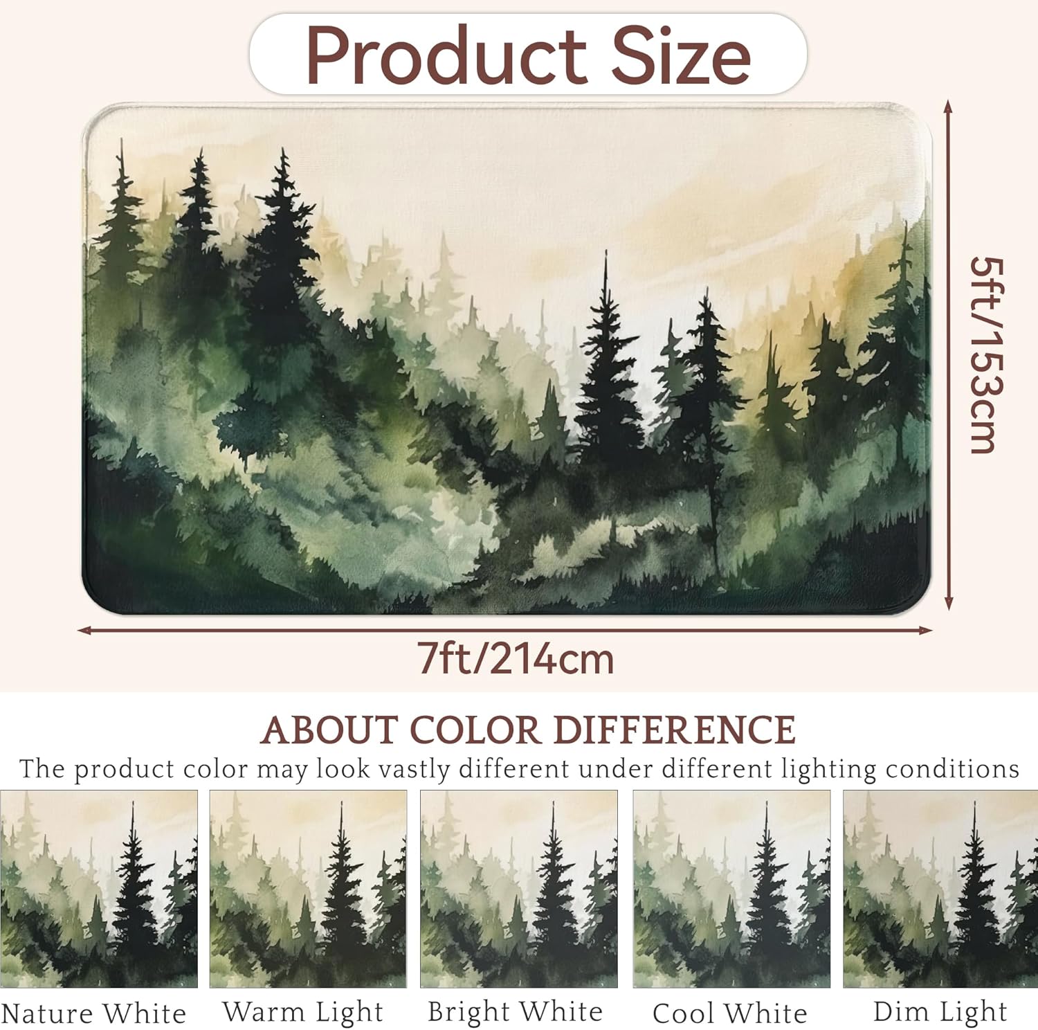 Mountain Forest Rug for Living Room 5x7,Watercolor Tree Machine Washable Area Rug Soft Stain Resistant Floor Large Carpet for Bedroom,Farmhouse,Dining Room,Kids Playroom