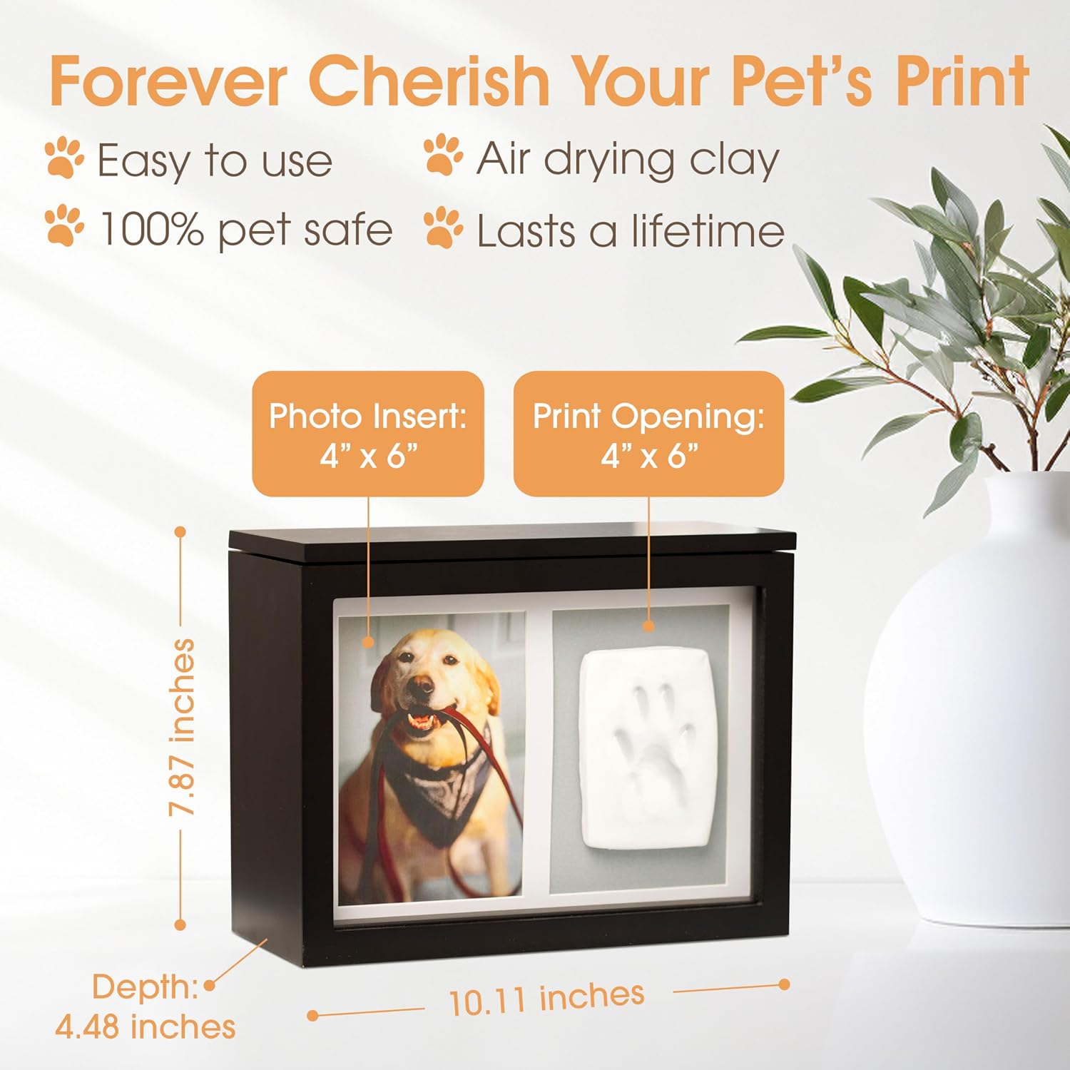 Pearhead Pet Memory Box & Urn – Solid Wood, Black Finish, Personalized Keepsake with Clay Paw-Print Kit & 4" × 6" Photo Frame – Holds Ashes, Collars, Special Toys & Memories