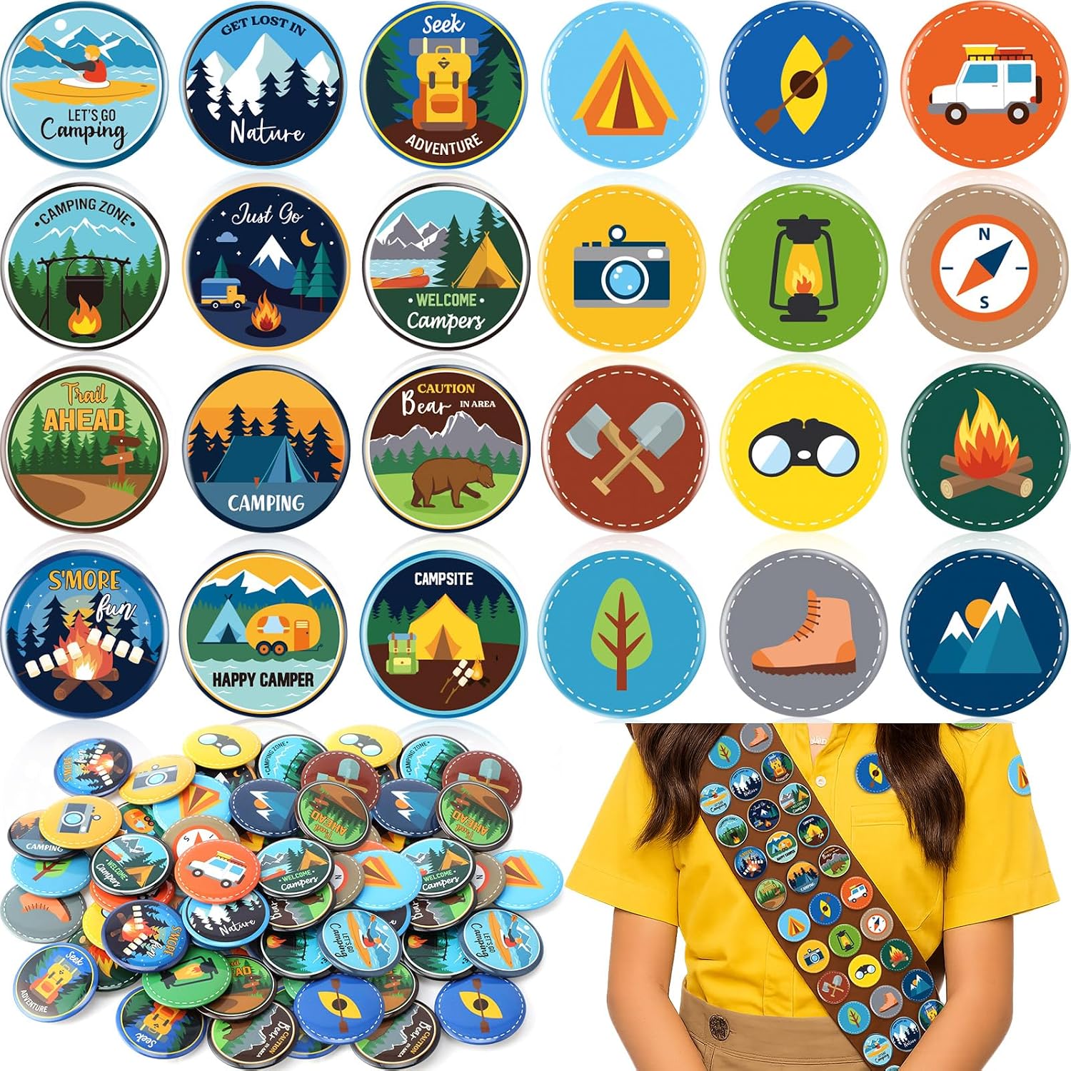 Eaasty 240 Pcs Scout Camping Pins Bulk Outdoor Nature Camp Badges Pins Halloween DIY Costume Accessories for Camping Party Favors Home Decoration
