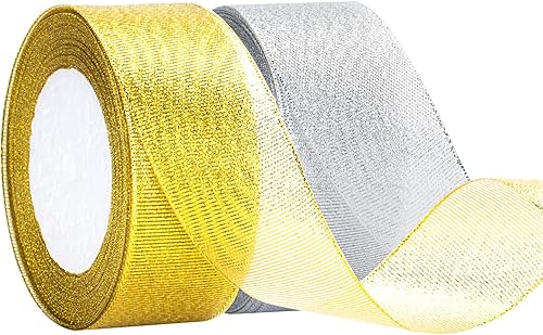 Miniatura 1 de joycraft Cinta de regalo, cinta de Navidad, cinta de organza hecha a mano, cinta dorada metálica con purpurina, cinta de tela de organza brillante