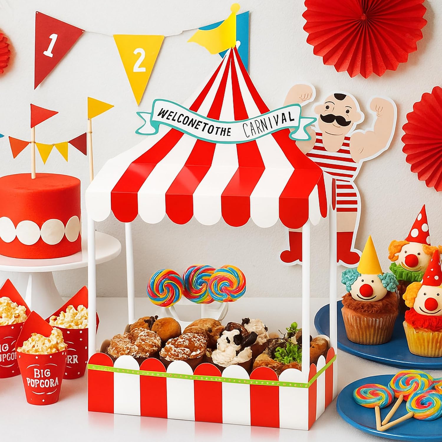 Wonderjune Circus Tent Cupcake Stand Red White Carnival Dessert Display