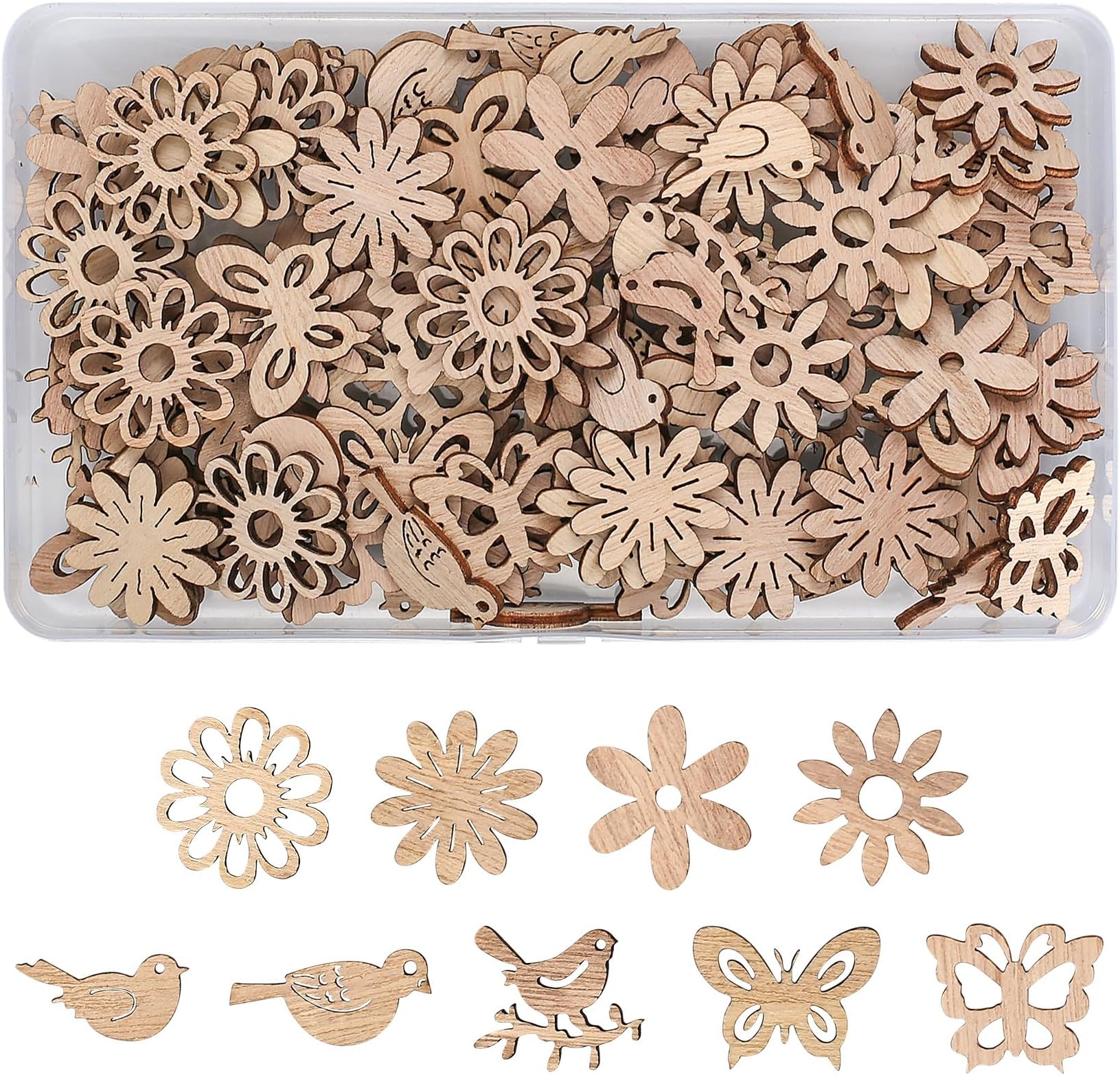 110 Pcs Wooden Shapes for Crafting - Flowers, Butterflies, Birds Embellishments - Unfinished Slices for DIY Card Making, Ornaments, Decorations