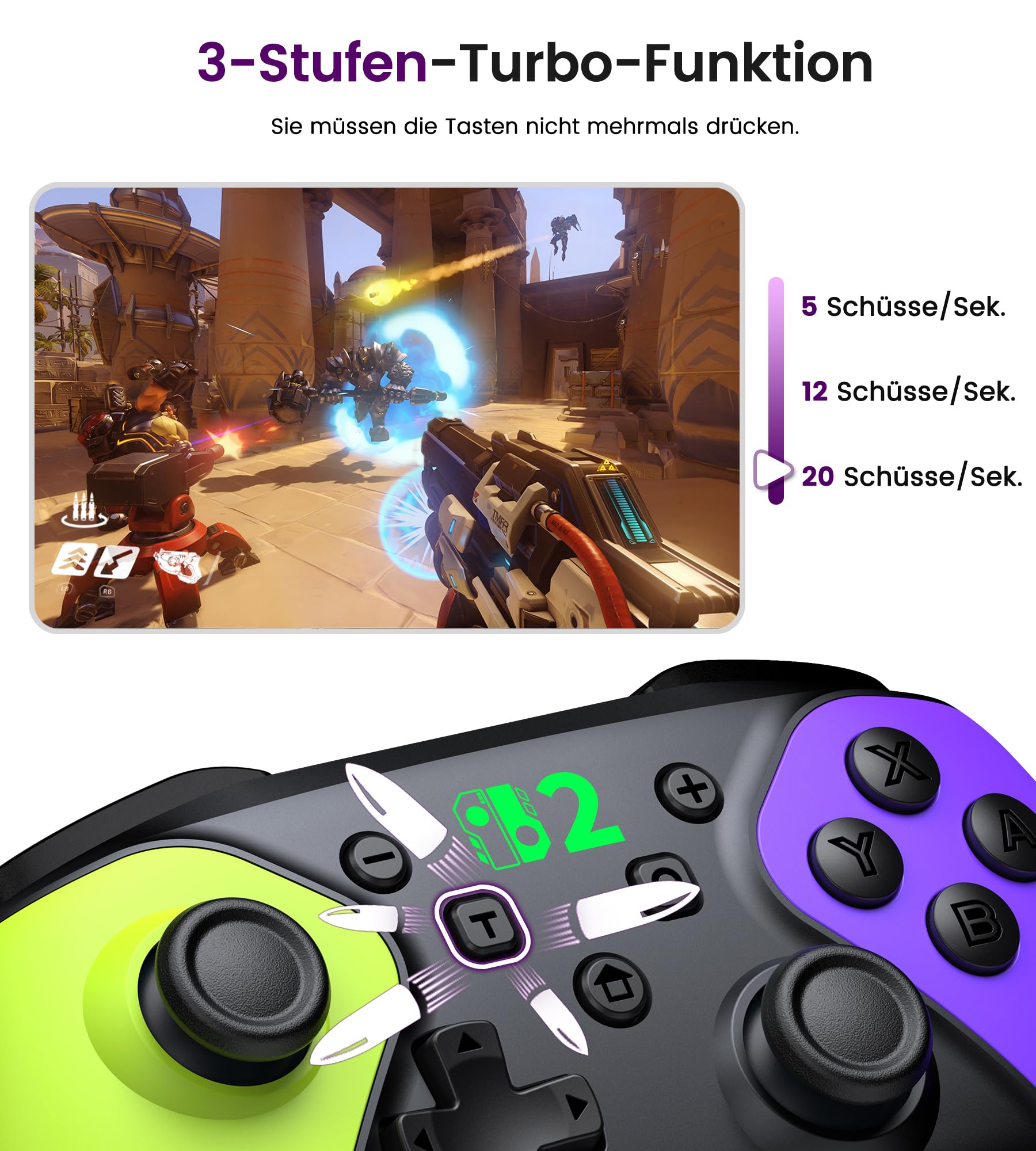 BEBONCOOL HOTS Switch Controller,Pro Controller für Switch 2/Switch 1/Lite/OLED–Aufwachfunktion/Wireless/Programmierbar/Turbo/Dual Vibration/15 Std Spieldauer,Ergonomisch Grün-Violett