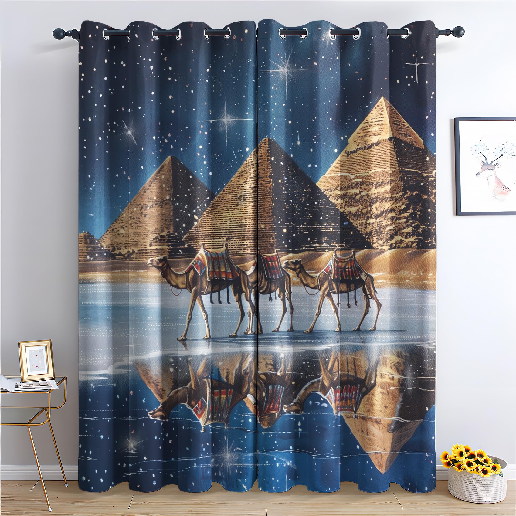 Egyptian Curtains for Bedroom Living Room - Pyramid Camel Galaxy Blackout Curtains 90x108 Inch (Width x Drop), Thermal Insulated Eyelet Curtains & Drapes, Patterned Window Treatments H-#243