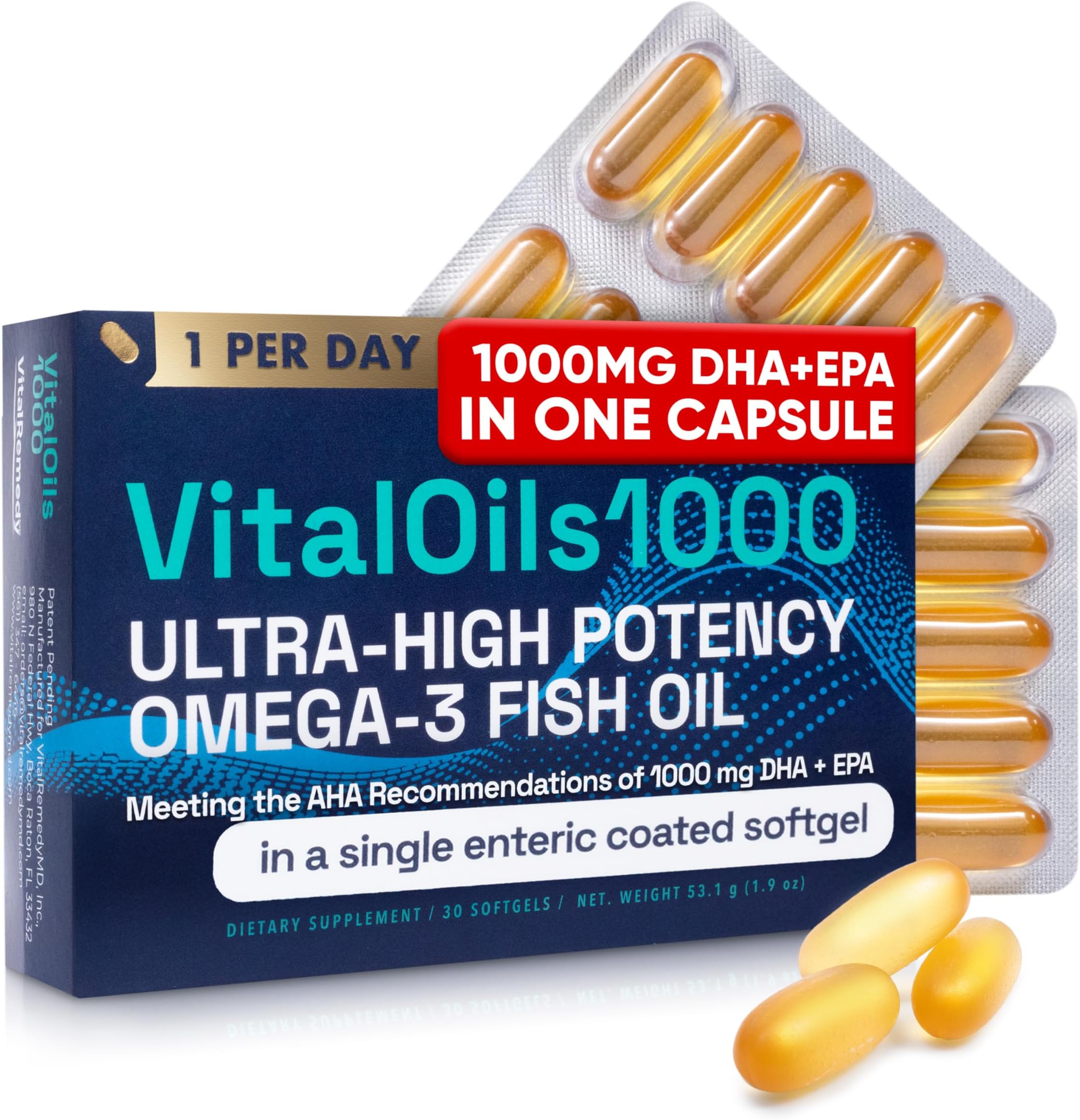 - VitalOils1000 - Omega 3 Fish Oil 1200mg with 1000mg DHA+EPA per Capsule (750 DHA + 250 EPA) - Easy-to-Swallow - IFOS 5-Star Certified - No Fishy Aftertaste - 30 Blister-Sealed Softgels - Made in USA
