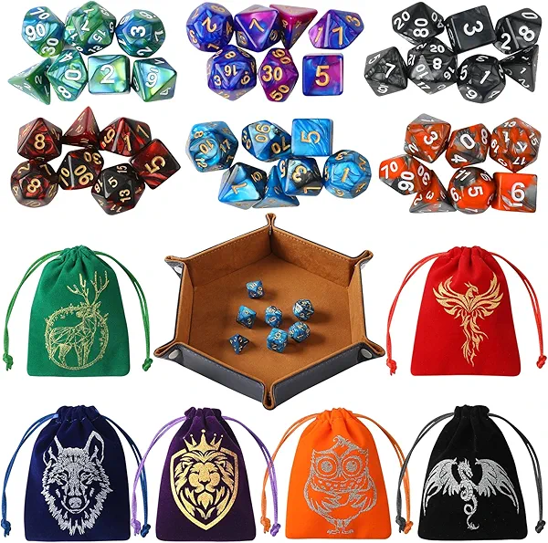 Grajar DND Dice Set, 42 Pcs polyhedral dice Set with 6 Colorful Animal Pattern Bag and PU Leather Velvet Tray for Dungeons Dragons D&D RPG MTG Table Games