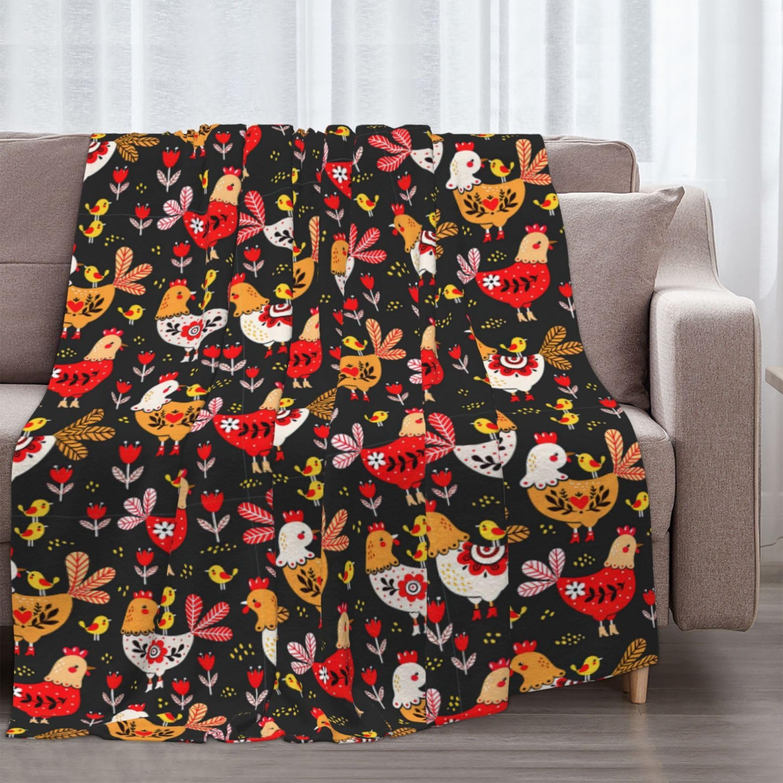 Couverture en flanelle avec imprimé coq et poules - 177,8 x 203,2 cm - Confortable et chaude - Pour l'hiver - Pour camping ou voyage