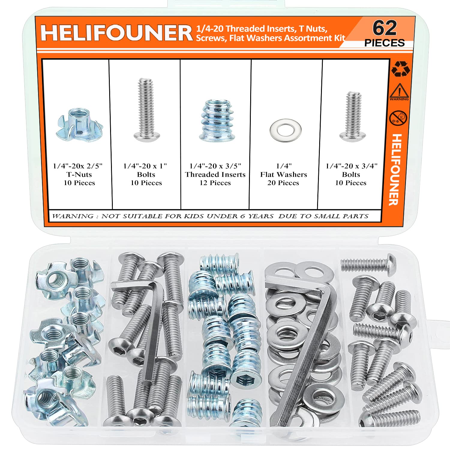 HELIFOUNER 1/4"-20 Threaded Inserts for Wood Furniture, T Nuts, 1/4-20 x 3/4", 1" Button Head Socket Cap Screws, Flat Washers Assortment Kit, 62