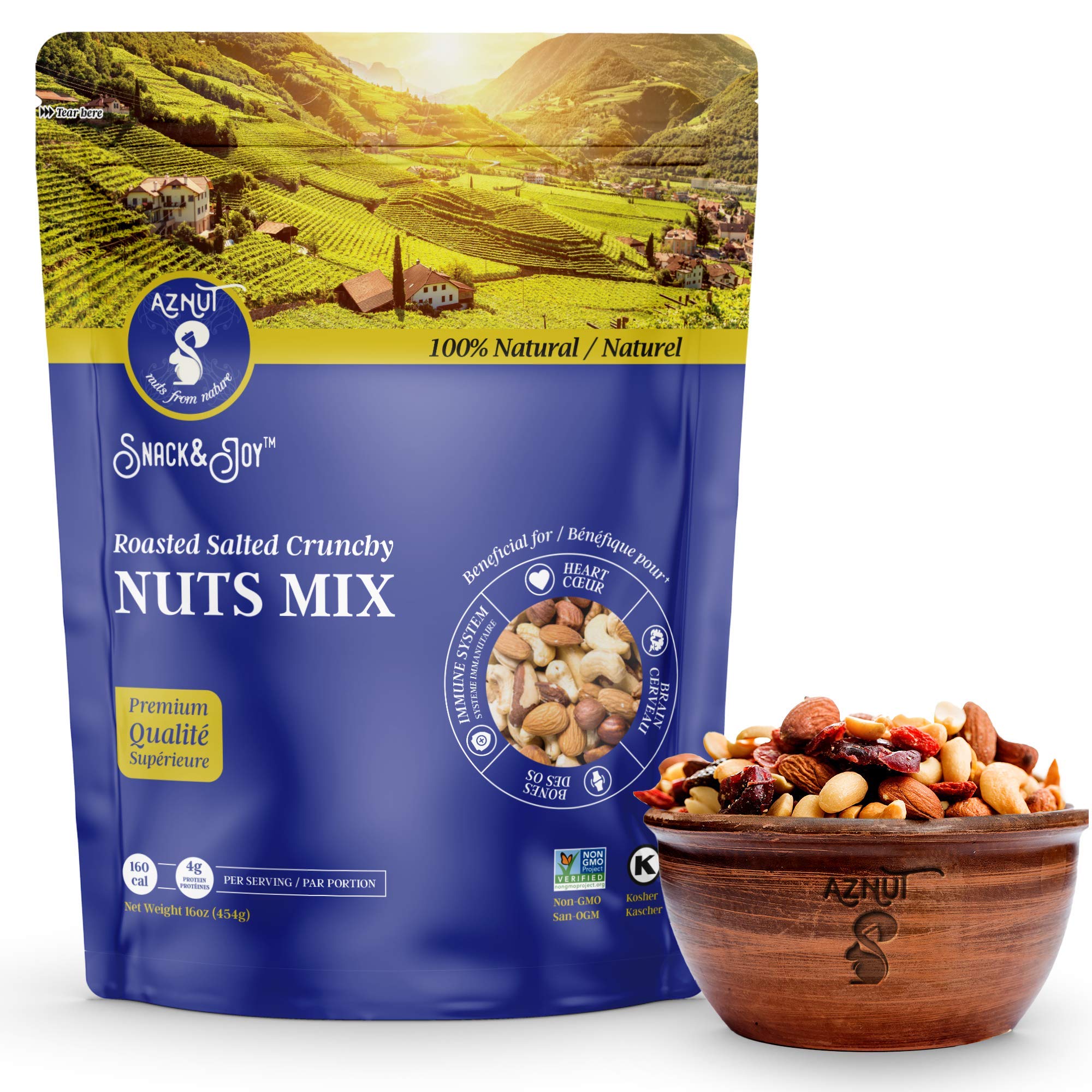AZNUT Roasted Salted Crunchy Mixed Nuts, Non Gmo Project Certified, Almonds, Hazelnuts, Cashews, Chickpeas, Pumpkin Seeds and Cranberries, Kosher Certified (Roasted Salted Crunchy Mix, 1 LB)