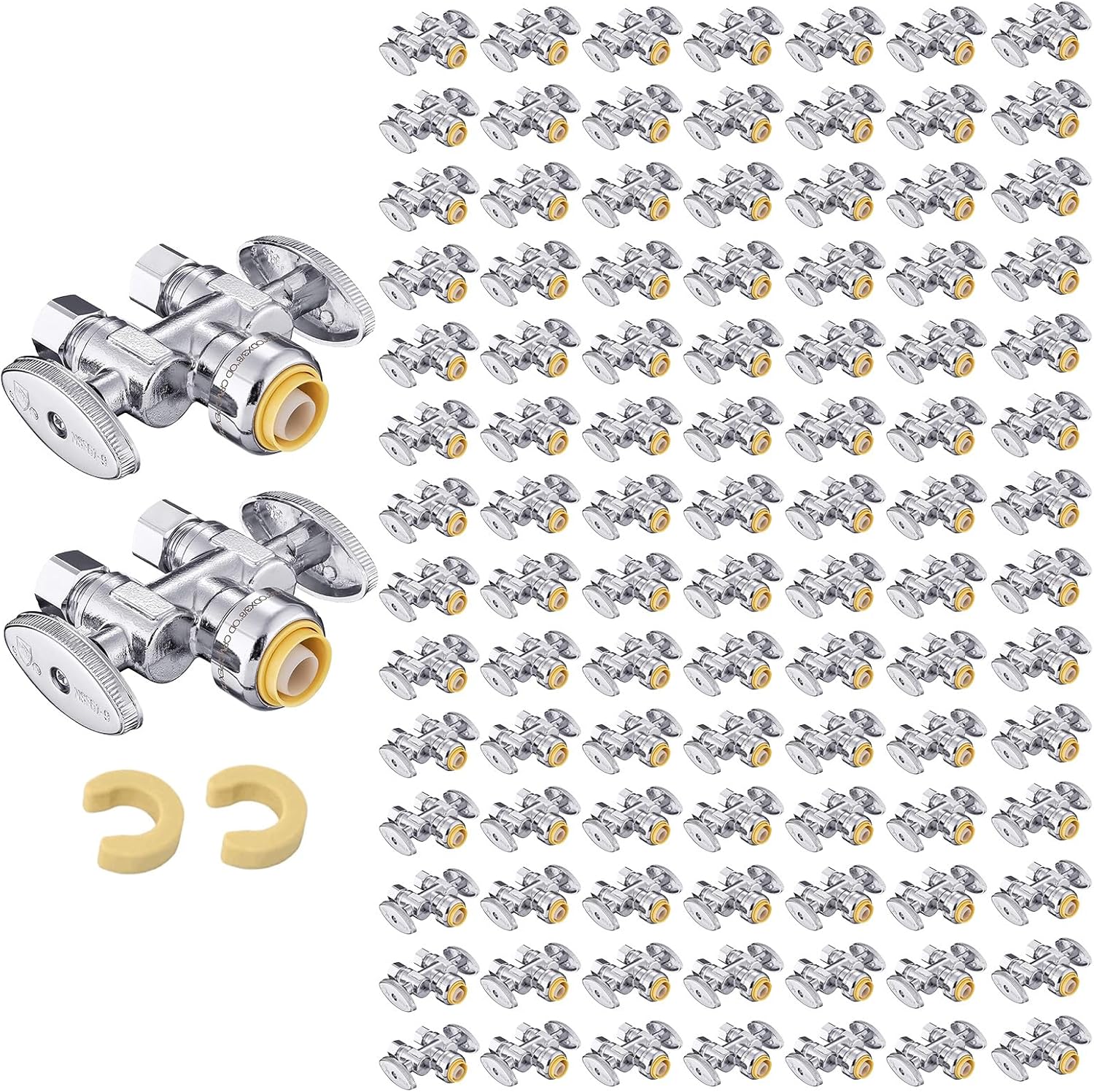 (Pack of 2) EFIELD Push Fit 1/2" x Dual 3/8" OD Compression Straight Stop Valve 1/4 Turn with a Disconnect Clip Tool,(PF-VALVE039-2PCS)