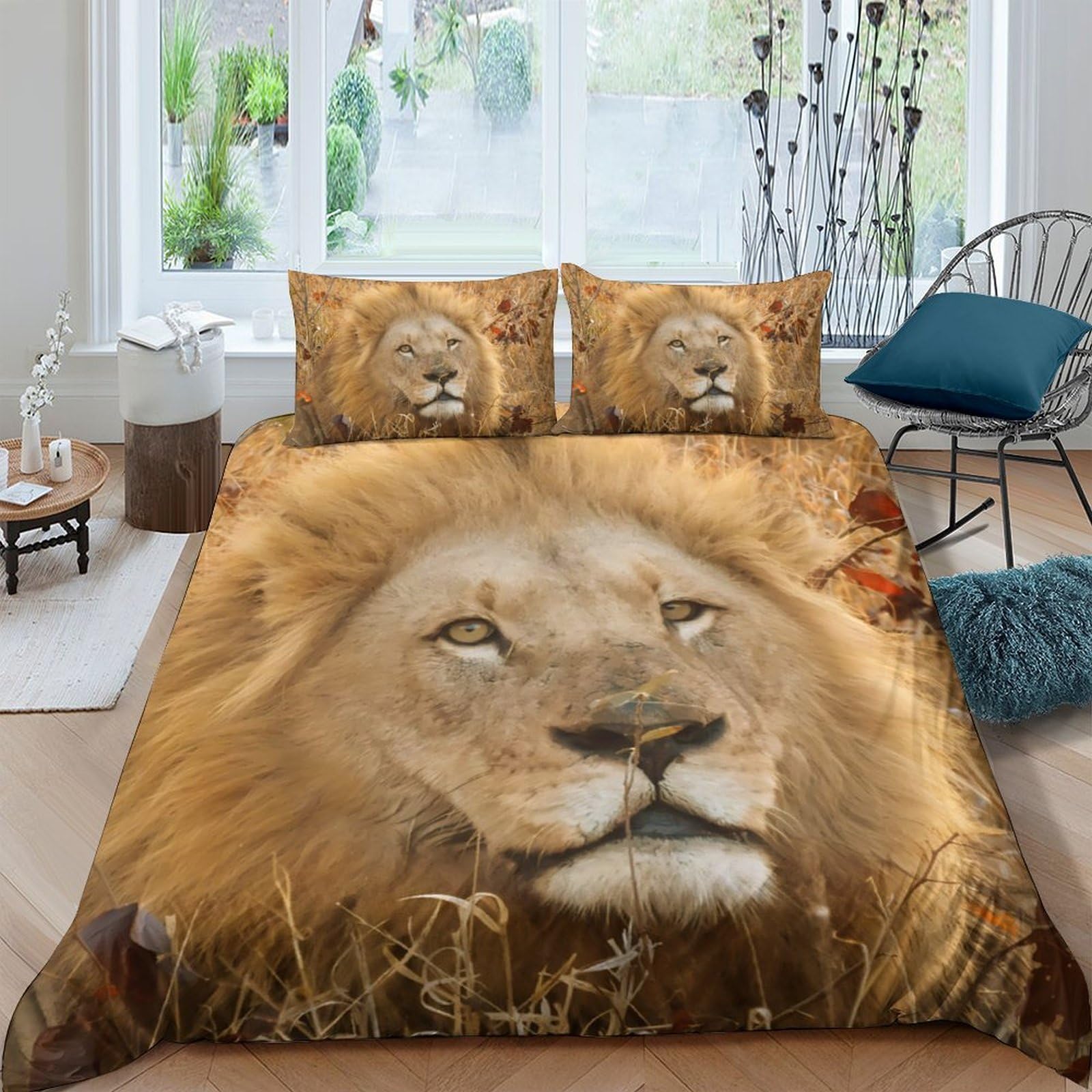 3D Printed Majestic Lion Duvet Cover Set Microfiber Soft Breathable Wildlife Safari Bedding with 2 Pillowcases for Bedroom Decor Single（135x200cm）