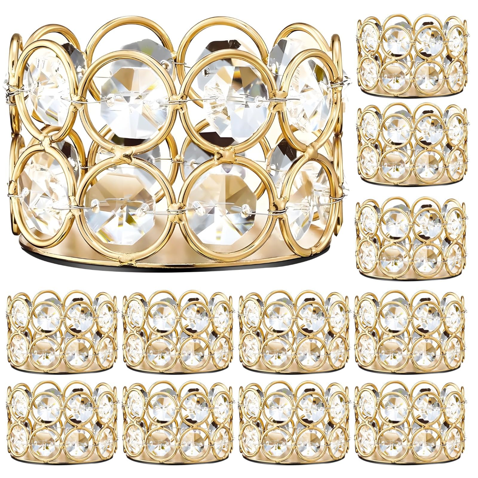Bosreroy 12-Piece Crystal Candle Holders with Golden Metal Frames and Sparkling Rhinestone Detailing, Elegant Home and Wedding Table Decorations