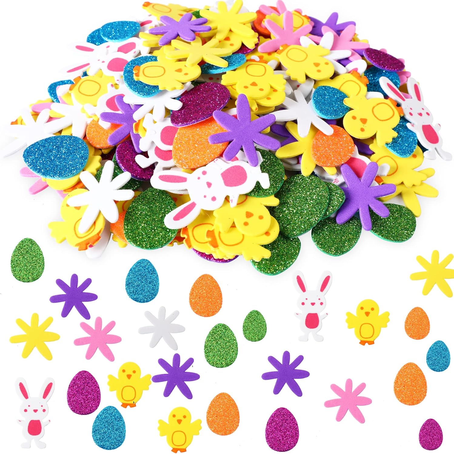 JULBEAR 300 Pieces Easter Foam Stickers Spring Stickers Colorful Decorative Bulk Egg Bunny Chick Flower Stickers for Arts Crafts Greeting Cards Home Decoration Easter Supplies Easter Glitter Color Printing Style