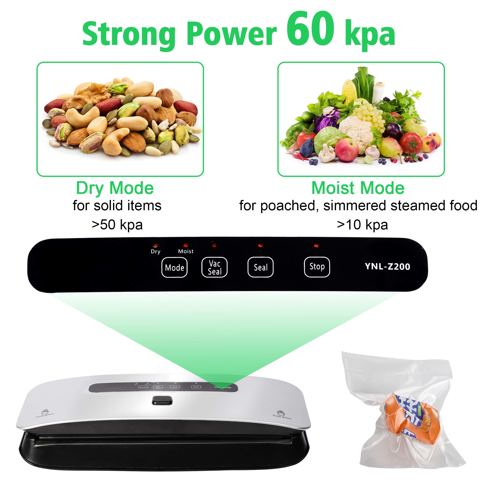 LUCKYERMORE Food Vacuum Sealer Machine Strong Suction Power Dry and Moist Mode Starter Kit for Food Preservation and Sous Vide, Compact and Lightweight, 10 Vacuum Sealer Bags 1 Roll and 1 Sealing Ring Included