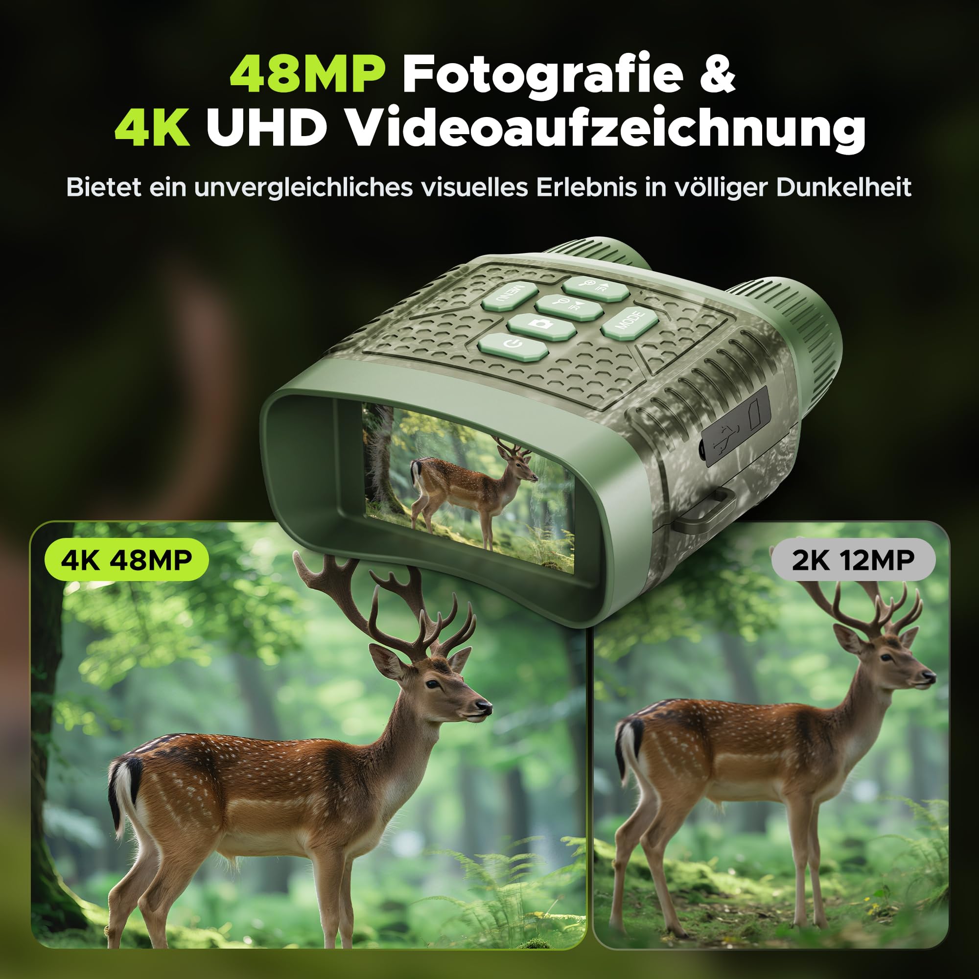 Nachtsichtgerät 4K Video & 48MP Fotos, 10X Digitalzoom, 7-stufige IR-Nachtsicht, 5000mAh Akku, 32GB SD-Karte, 400m Sichtweite – für Tierbeobachtung, Camping & Abendspaziergänge