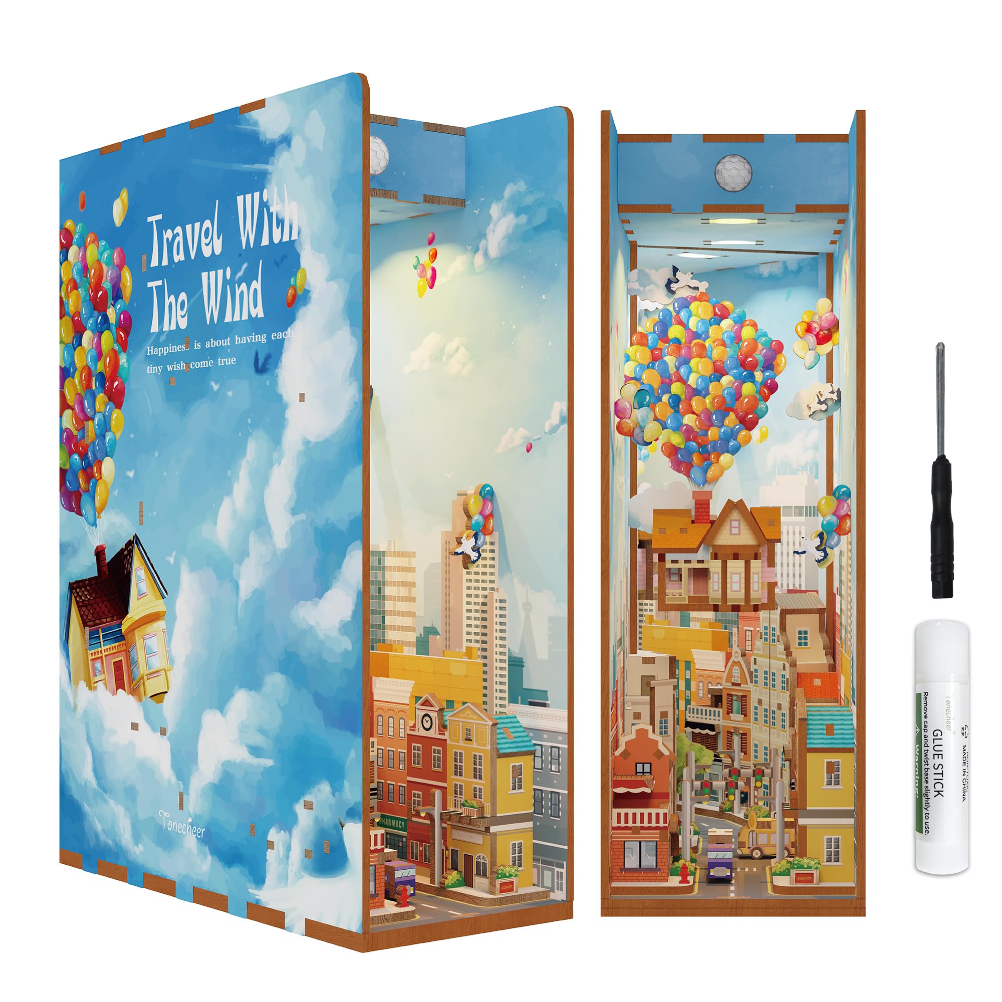 Tonecheer Book Nook Kit DIY Modelo de Montaje 3D Puzzle de Madera para Adultos Construye un Kit de Casa en Miniatura Kit de Manualidades con Luz Regalos Personalizados (Viajando con el Viento)