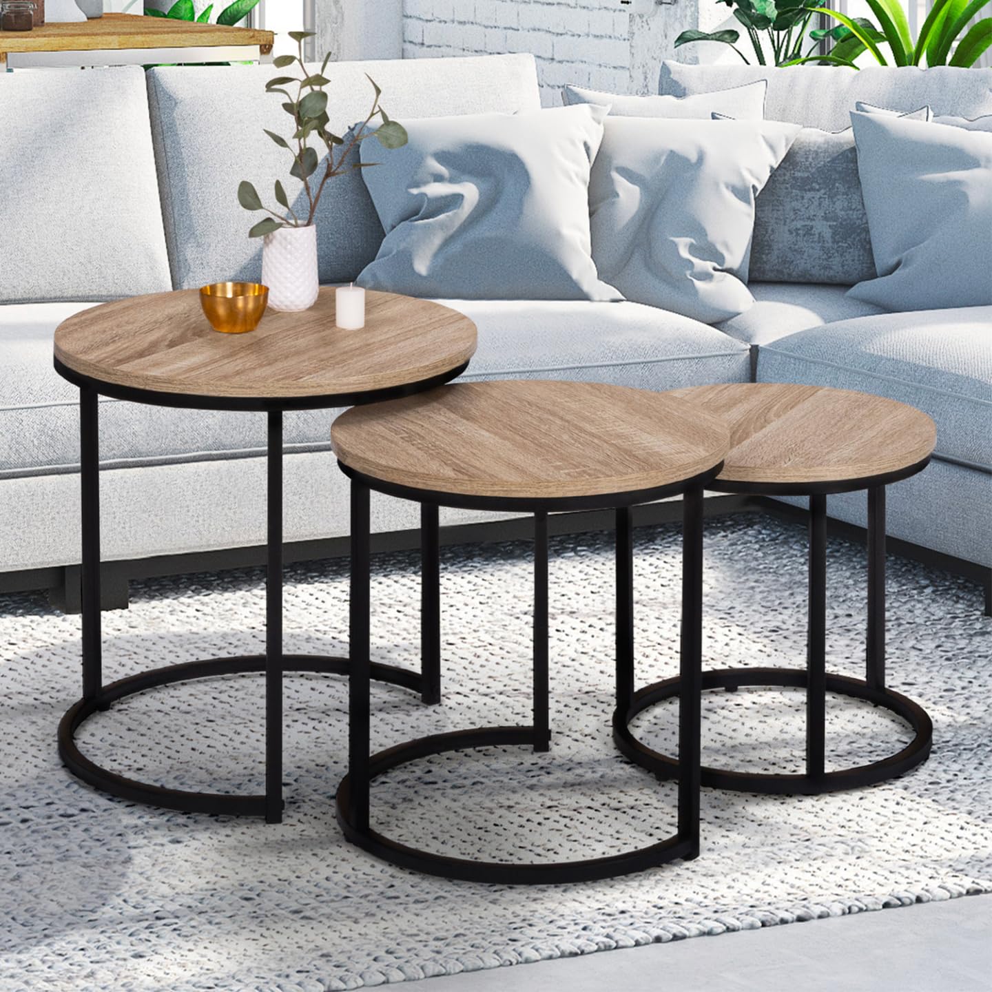 IDMarket - Lot de 3 Tables Basses gigognes Detroit Rondes 35/40/45 Design Industriel