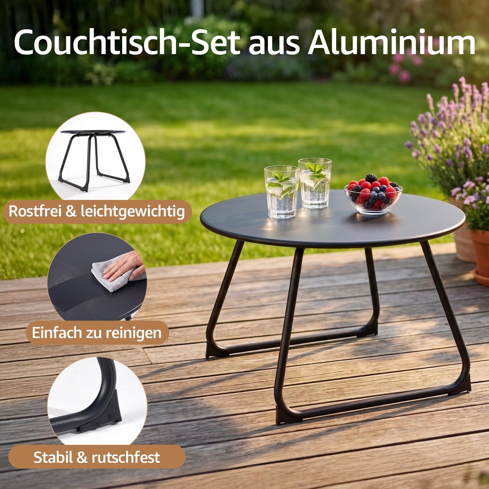 NATURAL EXPRESSIONS Aluminium Beistelltisch Outdoor 2er Set, Ø60/46 cm