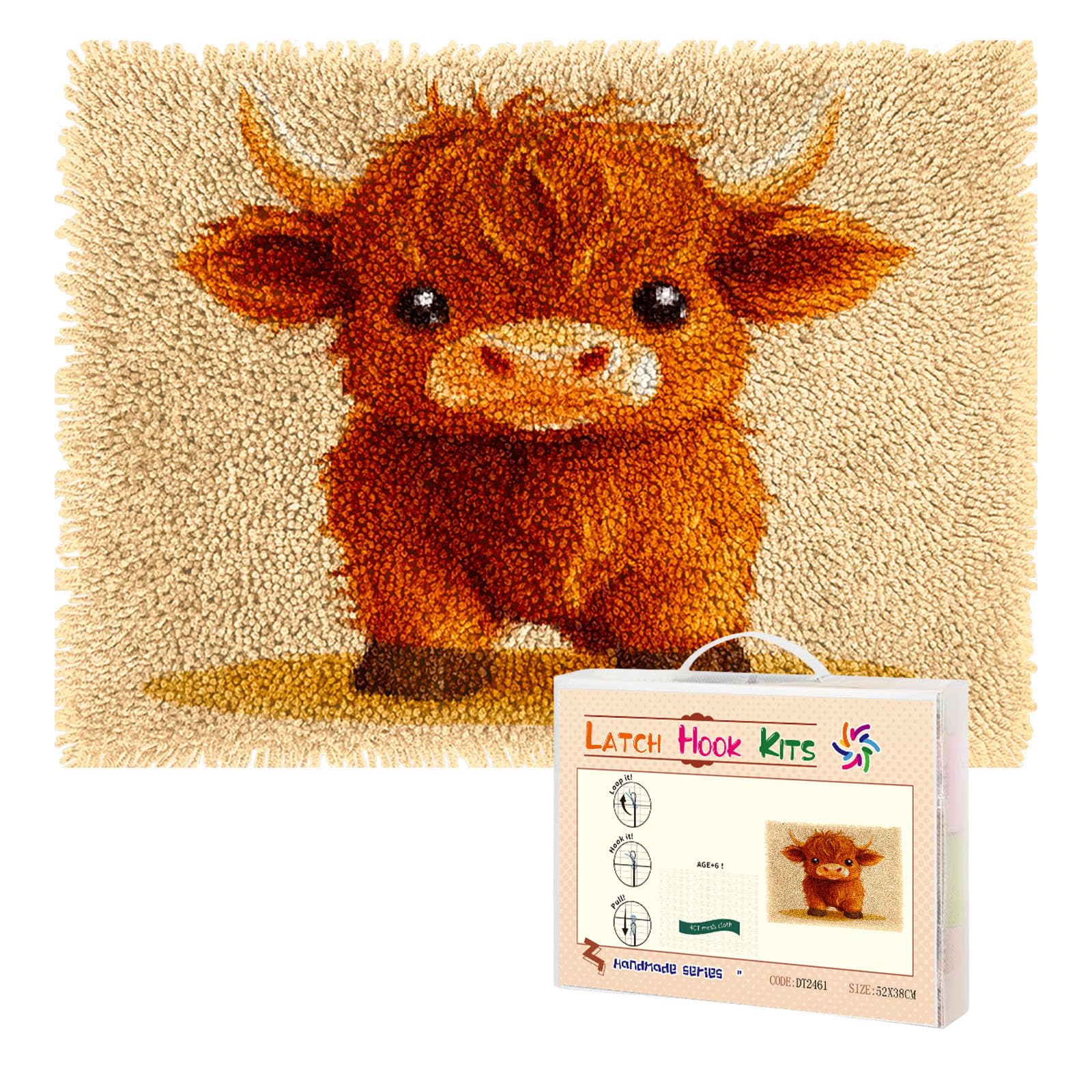 Cute Baby Highland Cow Latch Hook Rug Kit for Adults Pre-Printed Handmade Carpet Crochet Yarn Craft DIY Hook and Latch Door Mat Tapestry Home Floor Decoration 52x38cm(8)