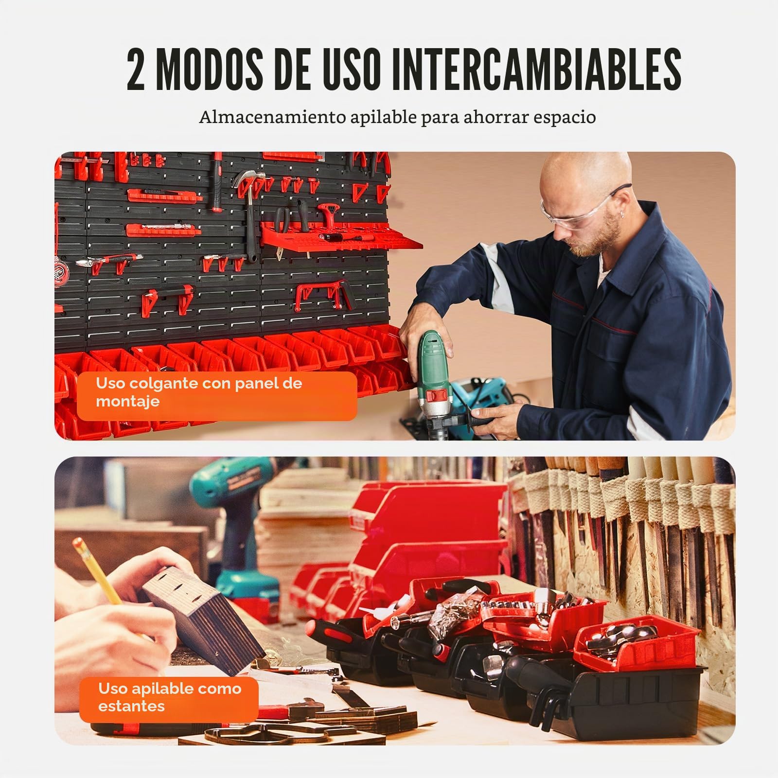 VEVOR Estante de Plástico 30 Cajas de Almacenamiento para Taller Garaje con Paneles de Pared Organizador de Herramientas para Tuercas, Pernos, Tornillos, Clavos, Botones, Piezas Pequeñas, Negro/Rojo