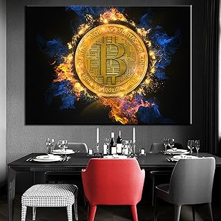 Złoty Płonący Bitcoin Płótnie Malarstwo Ścienne Reprodukcja Motywacyjna BTC Kryptowaluta Plakat Obraz Living Room Decor27.5"x 43.3" (70x110 cm) Bez ramki