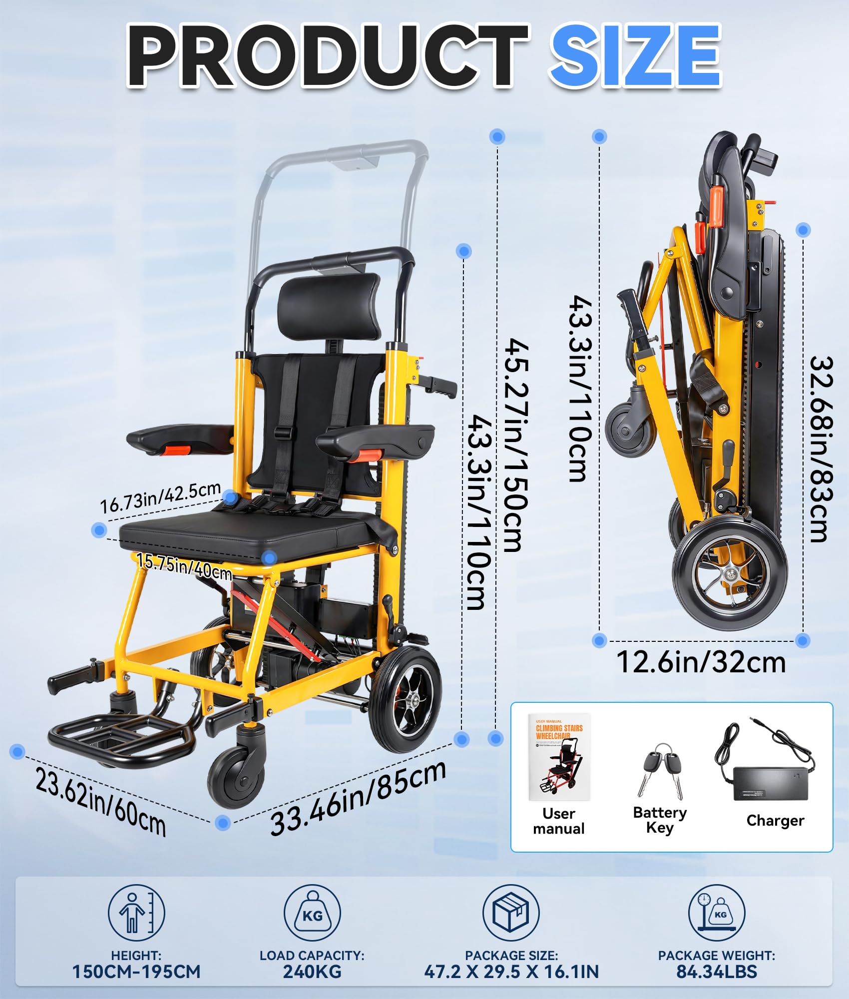 3 in 1 Elektrischer Treppensteiger Rollstuhl Faltbar, Elektro Treppenfahrstuhl, Faltbarer Elektrorollstuhl Treppenlift für Senioren, 240kg Tragkraft & 300W Motor, Sicherheitsgurte (Gelb)