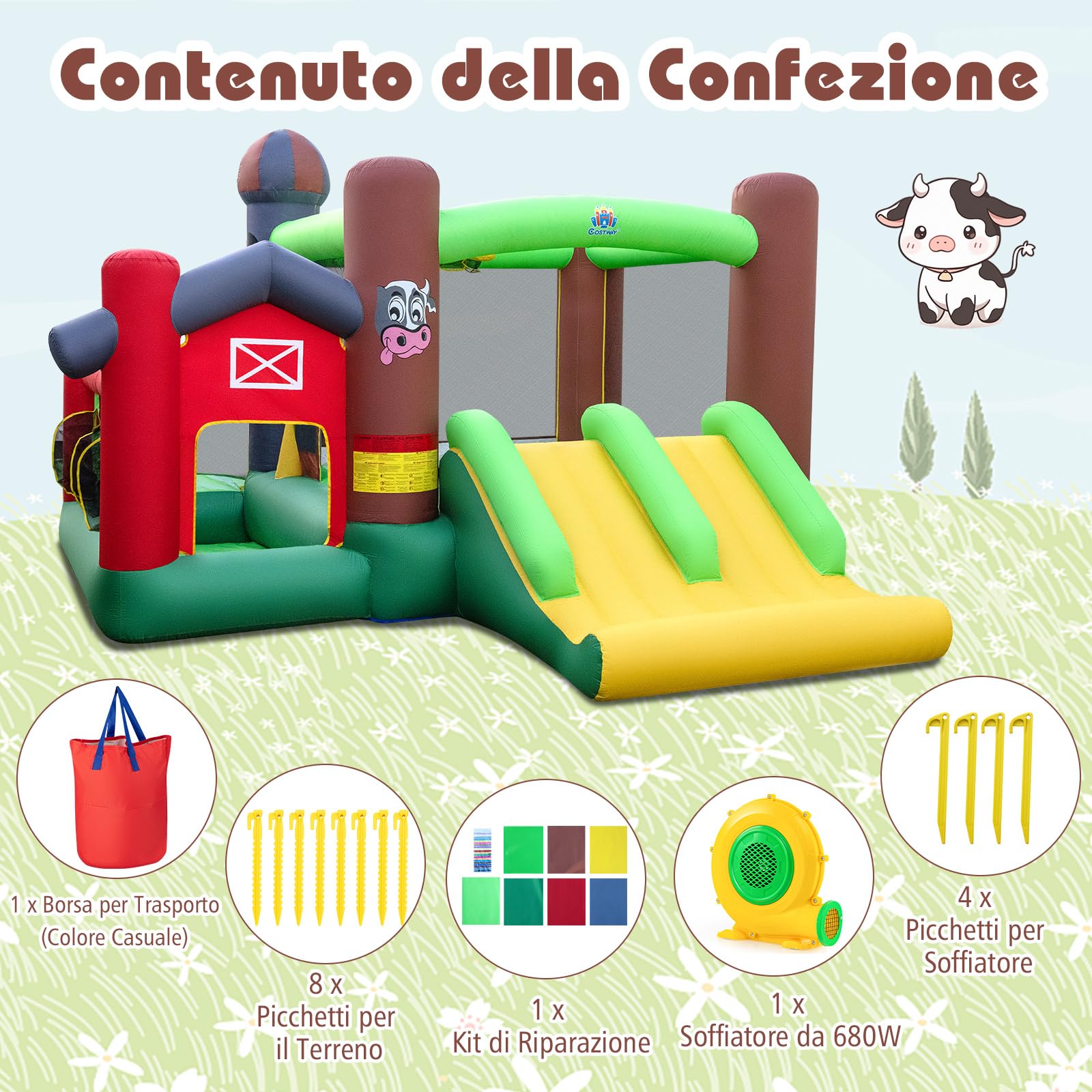 COSTWAY Castello Gonfiabile per Bambini con Soffiatore 680W, Grande Casa Gonfiabile con Doppio Scivolo, Piscina di Palline e Gioco di Lancio ad Anelli, da 3 a 12 Anni, per Interno o Esterno