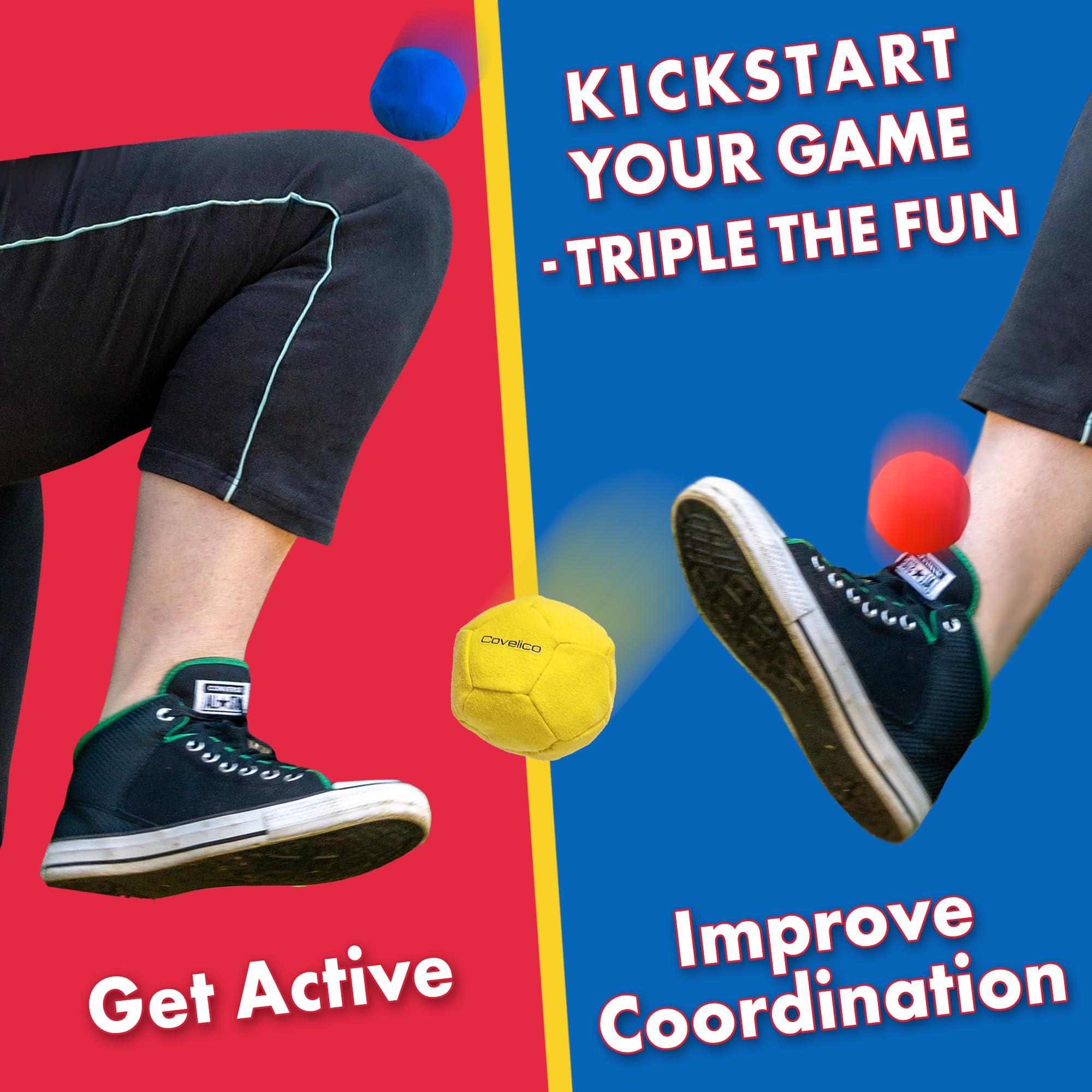 Covelico Footbag Hacky Set for Kids, Teens & Adults. 3 x 2.28& 1.6oz Sacks, Vibrant Yellow, Blue & Red, Each Sack has a Durable Dual Layer, Synthetic Suede, Guide & Stylish Bag. Group Foot Bag Game.