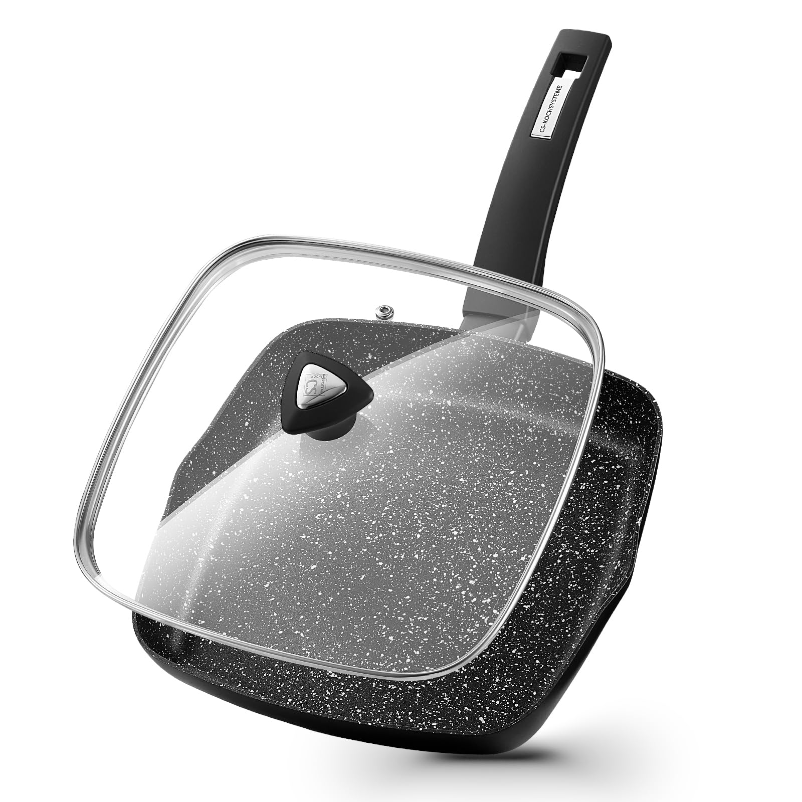 KOCH SYSTEME CS 9.5 Inch Nonstick Grill Pan for Stove Tops, Marble Coating Square Grill Skillet with Lid, Fry Pan Compatible with all Stoves, Ultimate Nonstick Skillet with Bakelite Handle, Toxic-FreeRecycled Claim Standard BlendedGlobal Recycled StandardGlobal Recycled StandardGlobal Recycled Standard