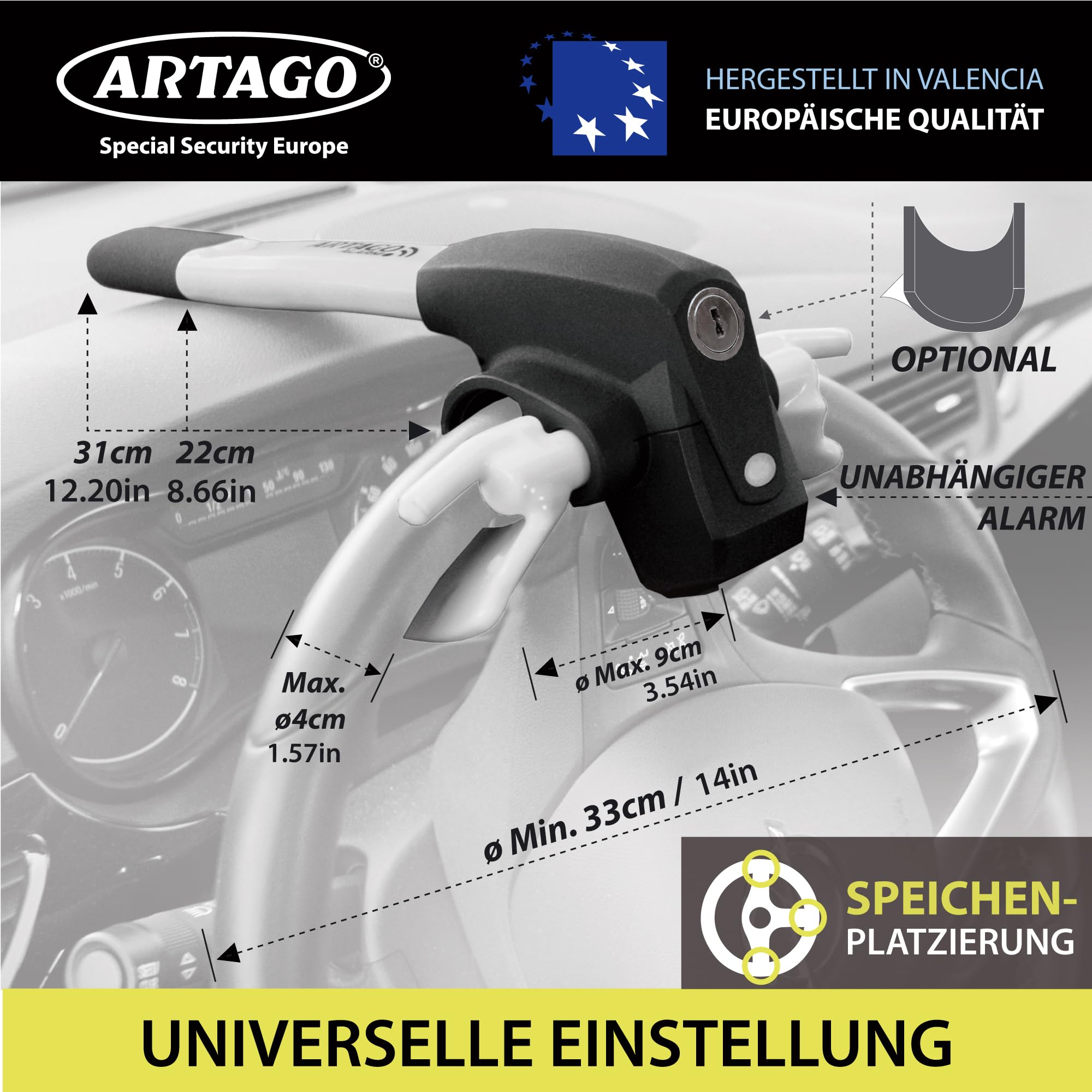 ARTAGO 870 Hochwertige Lenkradkralle 2in1 Ohne/Mit Alarm 120dB+LED, Sicherer und Abschreckender Lenkradsperre um die Lenkradspeiche, Fortschrittlichste Lenkradschloss zur Auto-Diebstahlsicherung