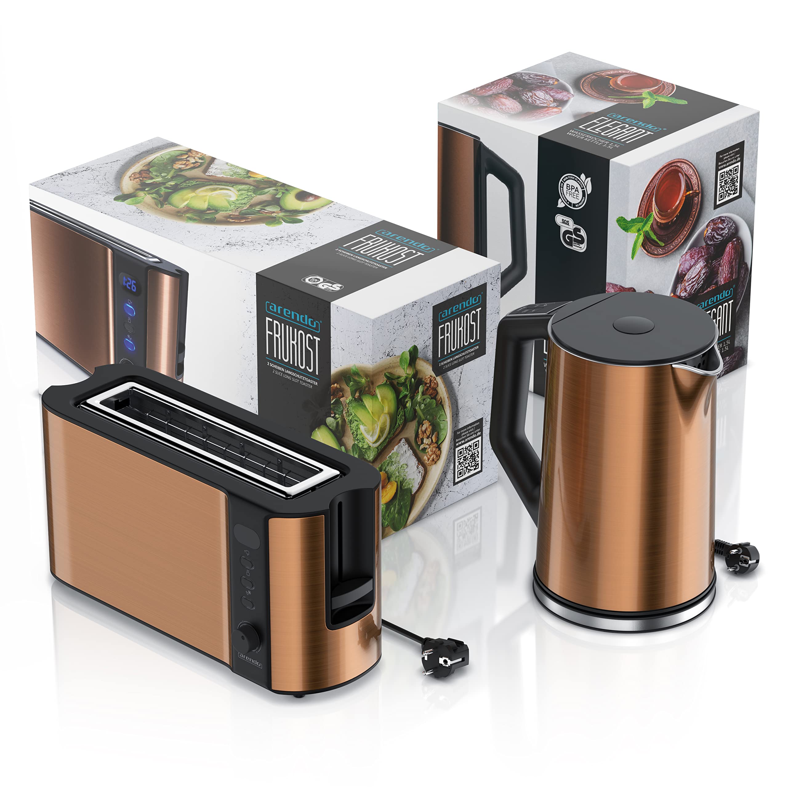 Arendo Ensemble Bouilloire et Grille-Pain INOX 1,5L 40-100°C 2 Tranches LED Cuivre